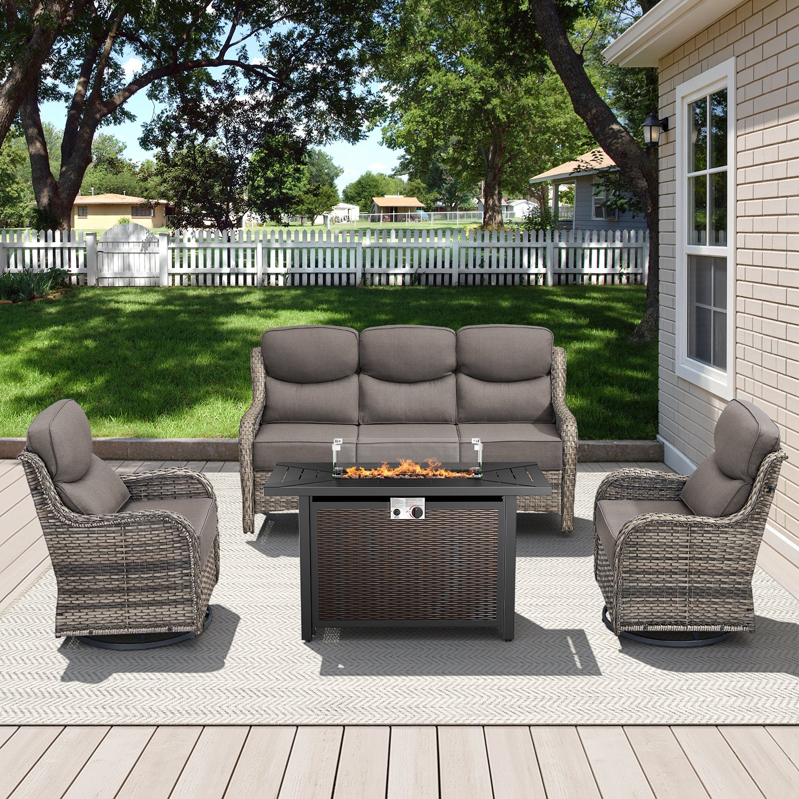 -Piece Patio Fire Pit Set, Sofa & Swivel Chairs, Metal Table, NT Series - Mixed Grey Wicker Grey Cushion