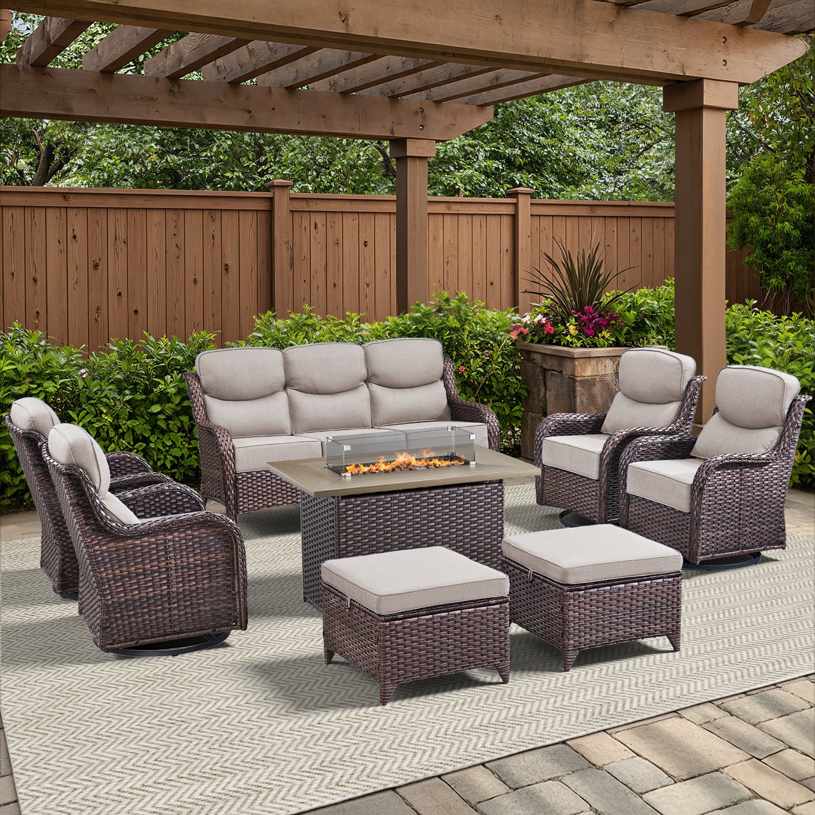 -Piece Patio Fire Pit Set, Sofa, Swivel Chairs & Rattan Table, NT Series - Brown Wicker Beige Cushion