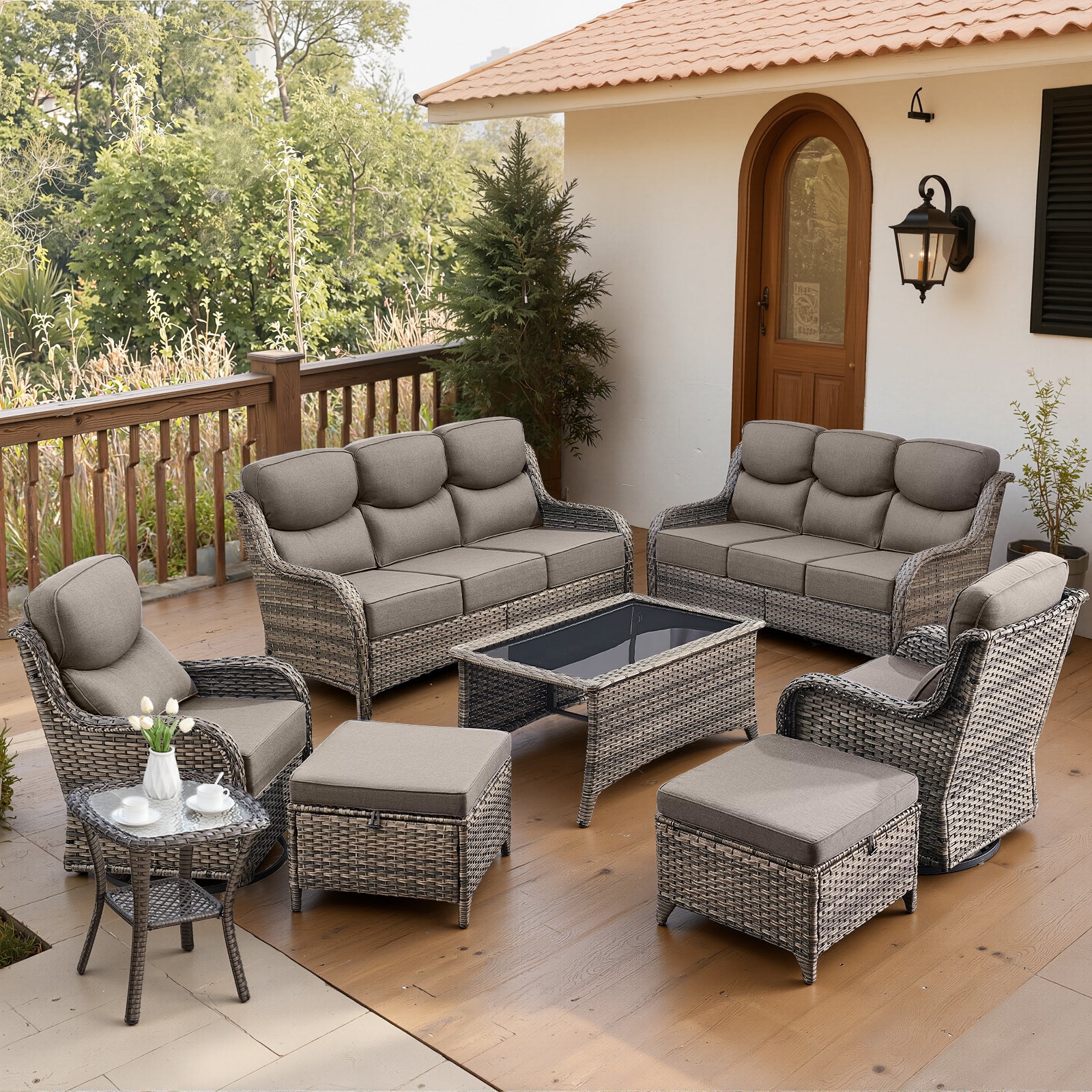 -Piece Patio Wicker Sofa Set & Swivel Rocker Chairs, NT Series - Mixed Grey Wicker Grey Cushion