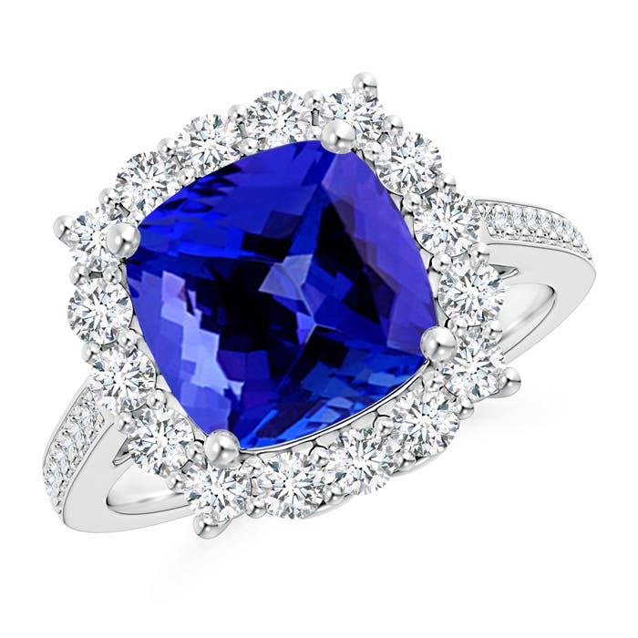 Angara . CTW Cushion Tanzanite Cocktail Ring with Diamond Halo in Platinum