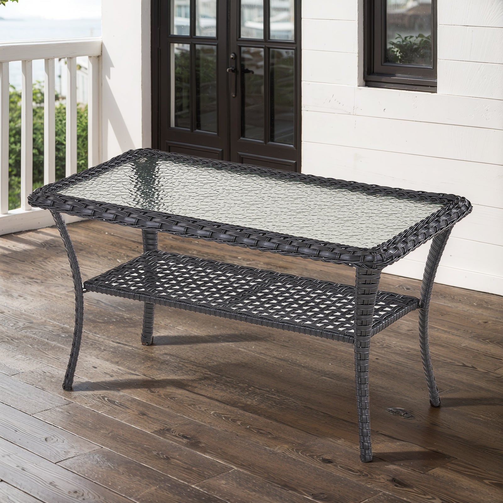 " Outdoor Wicker Coffee Table Tempered Glass Top, Lower Storage Shelf, All-Weather PE Rattan, NDS Series