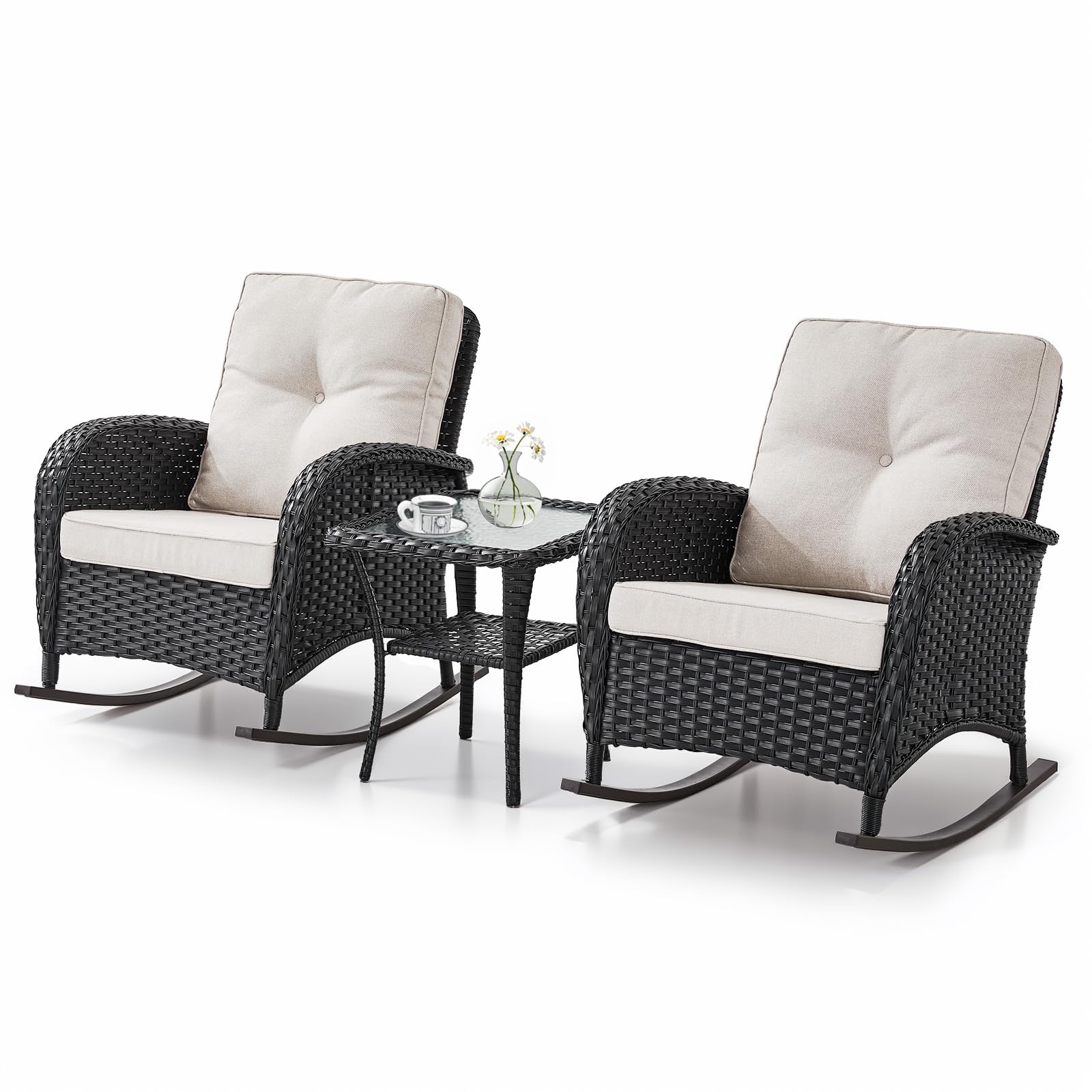Wicker Rocking Chairs Set with Side Table, NDS Series - Black Wicker Beige Cushion