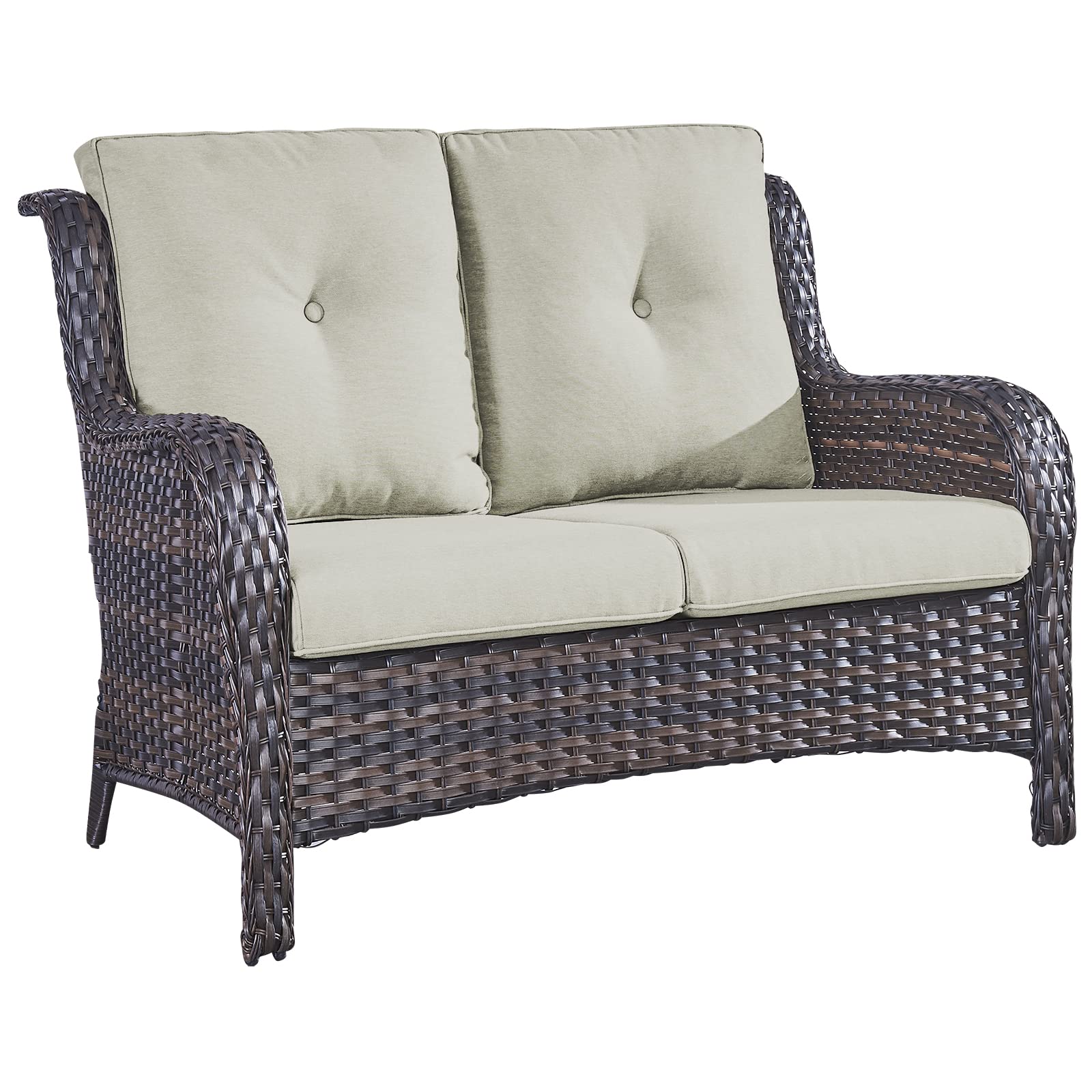 Outdoor Wicker Loveseat Sofa " -Seater, " Cushions NTC Series - Brown Wicker Beige Cushion
