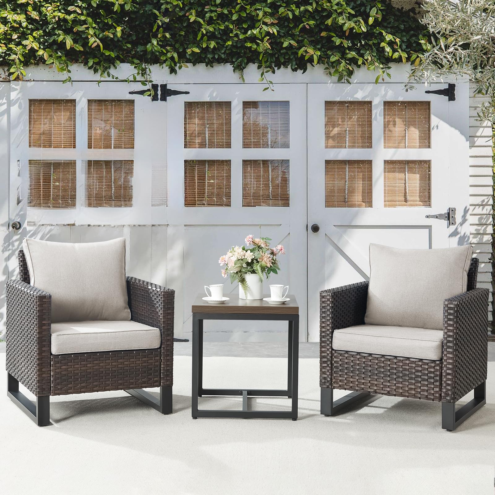 -Piece Wicker Patio Chair Set with Side Table, High Back, GRS Series - Brown Wicker Beige Cushion