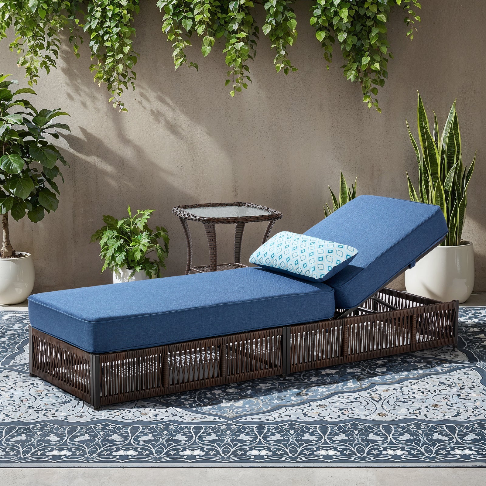 -Piece Wicker Chaise Lounge & Side Table Set, " Cushion, NTC Series - Brown Wicker Blue Cushion