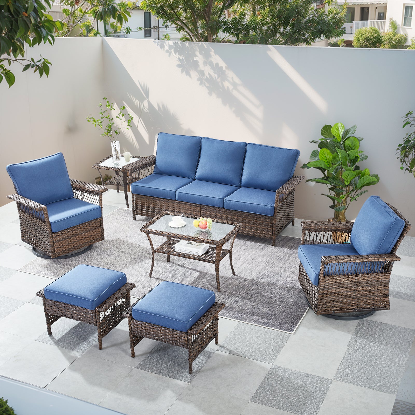 -Piece Wicker Patio Conversation Set with Sofa & Tables, SS Series - Brown Wicker Blue Cushion