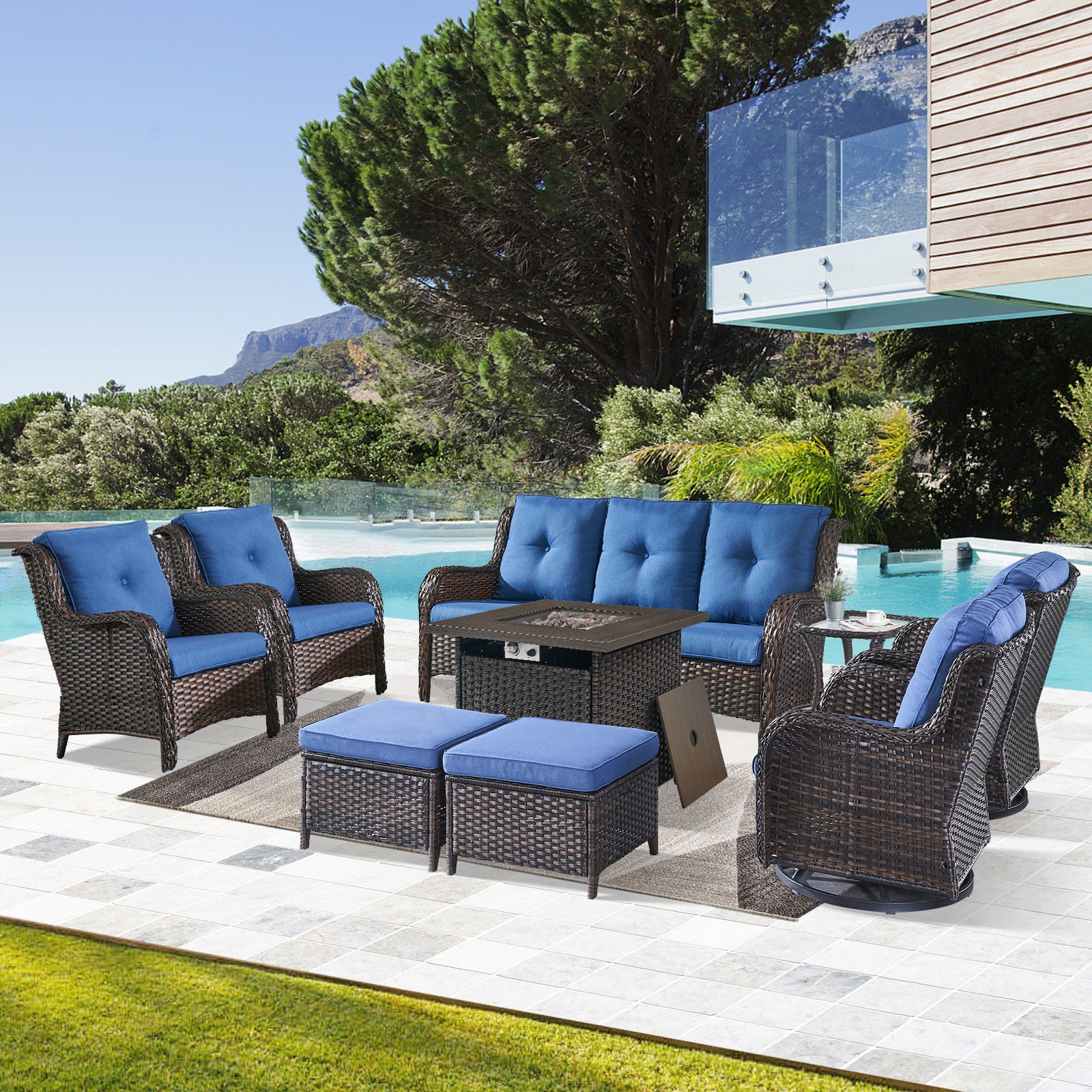 -Piece Wicker Patio Set with Fire Pit Table & Swivel Chairs, NTC Series - Brown Wicker Beige Cushion