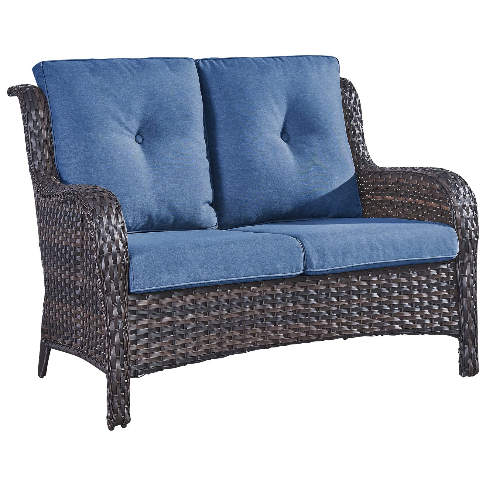 Outdoor Wicker Loveseat Sofa " -Seater, " Cushions NTC Series - Brown Wicker Blue Cushion