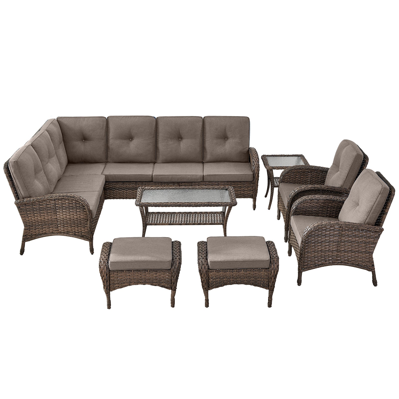 Large Sectional Set -Piece with Patio Chairs, Coffee Table, Side Table, and Ottoman, NDS Series - Brown Wicker Grey Cushion