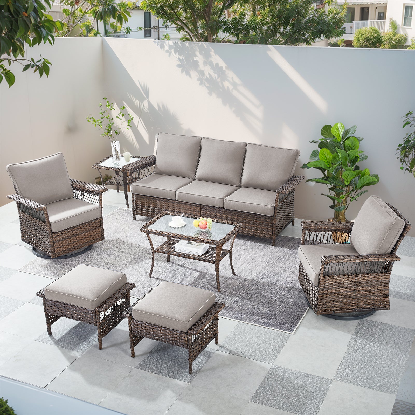 -Piece Wicker Patio Conversation Set with Sofa & Tables, SS Series - Brown Wicker Grey Cushion