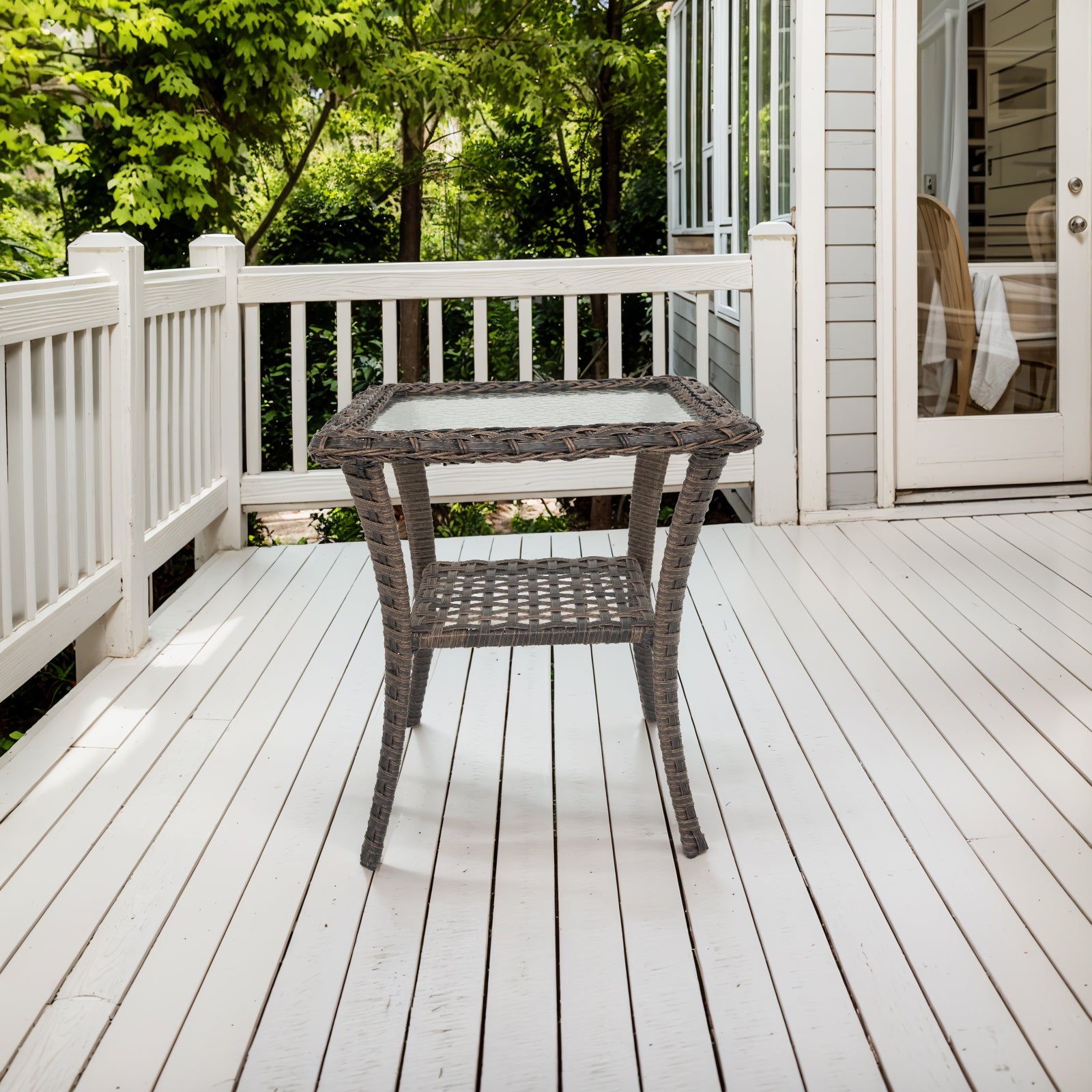 Outdoor -Tier Wicker Bistro Side Table Tempered Glass Top, Lower Storage Shelf, All-Weather PE Rattan, NDS Series