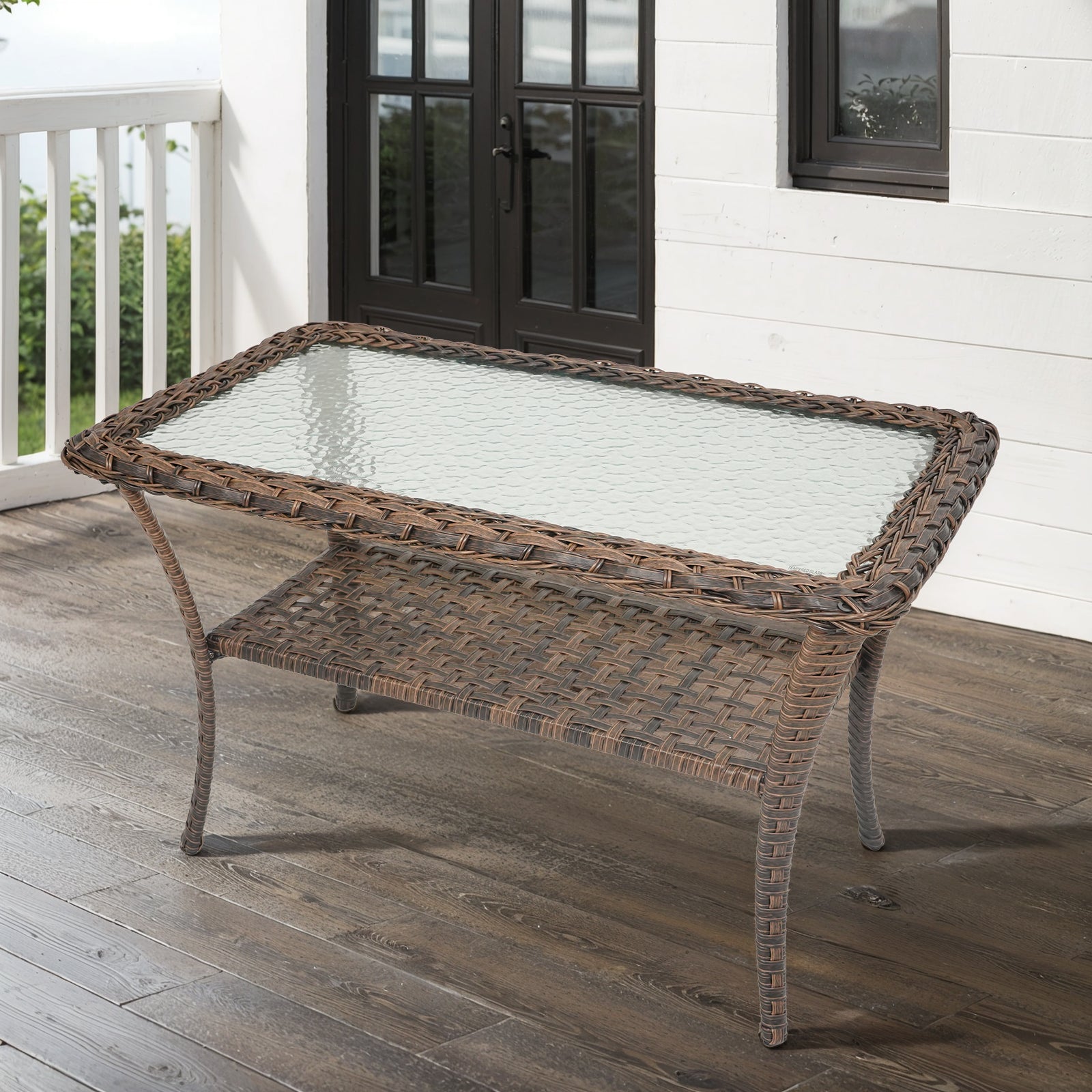 " Outdoor Wicker Coffee Table Tempered Glass Top, Lower Storage Shelf, All-Weather PE Rattan, NDS Series