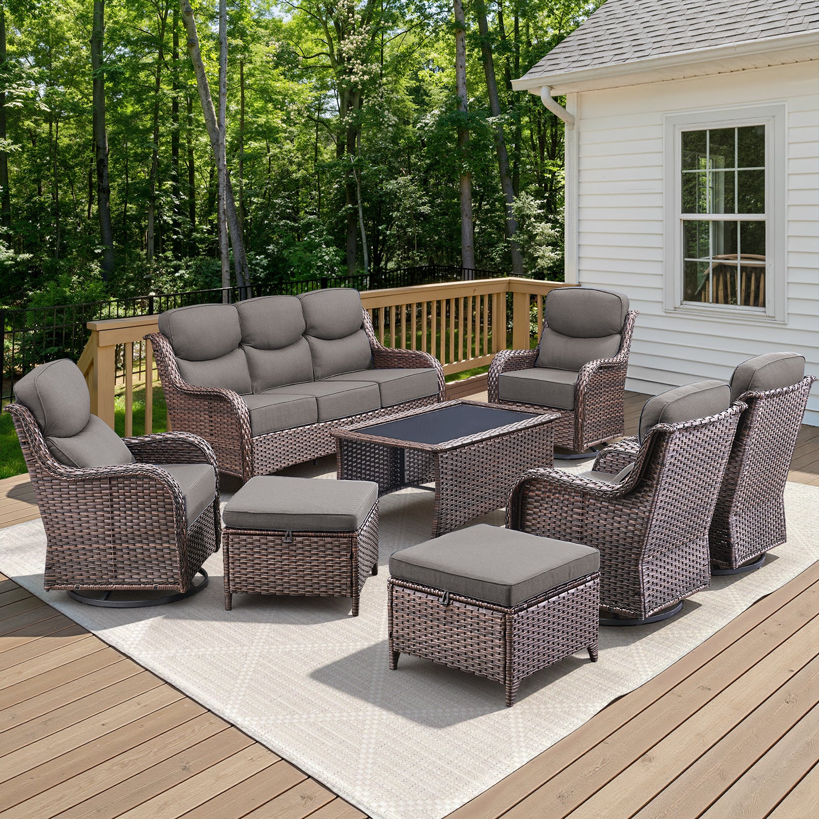-Piece Patio Sofa Set, Swivel Chairs, Coffee Table & Ottomans, NT Series - Brown Wicker Grey Cushion