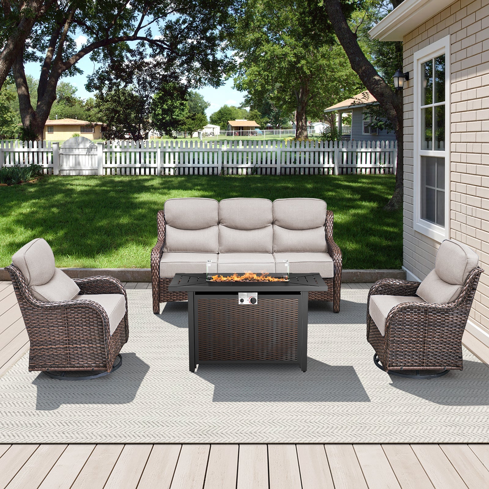 -Piece Patio Fire Pit Set, Sofa & Swivel Chairs, Metal Table, NT Series - Brown Wicker Beige Cushion