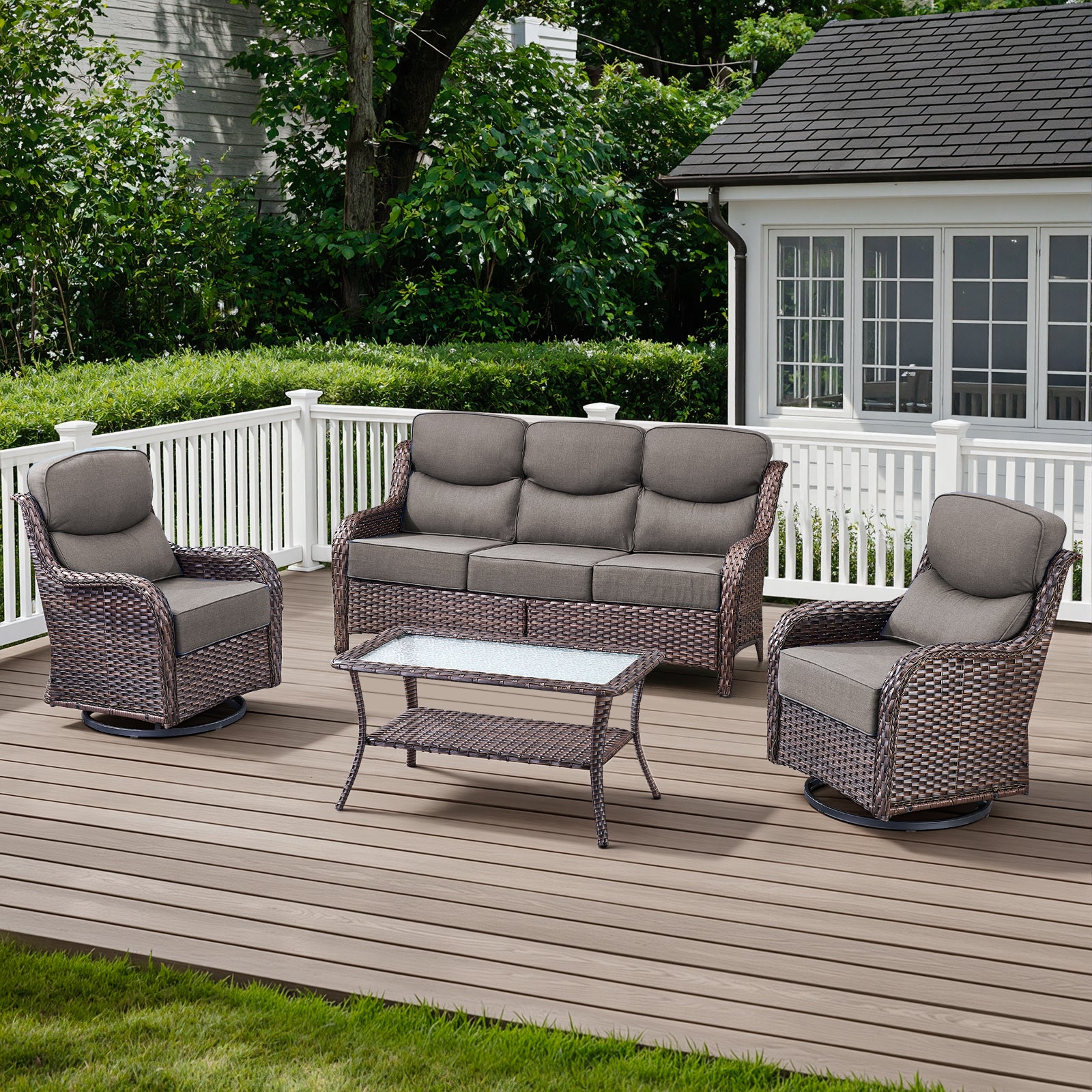 -Piece Patio Rattan Sofa Set & Swivel Chairs for Garden, NT Series - Brown Wicker Grey Cushion