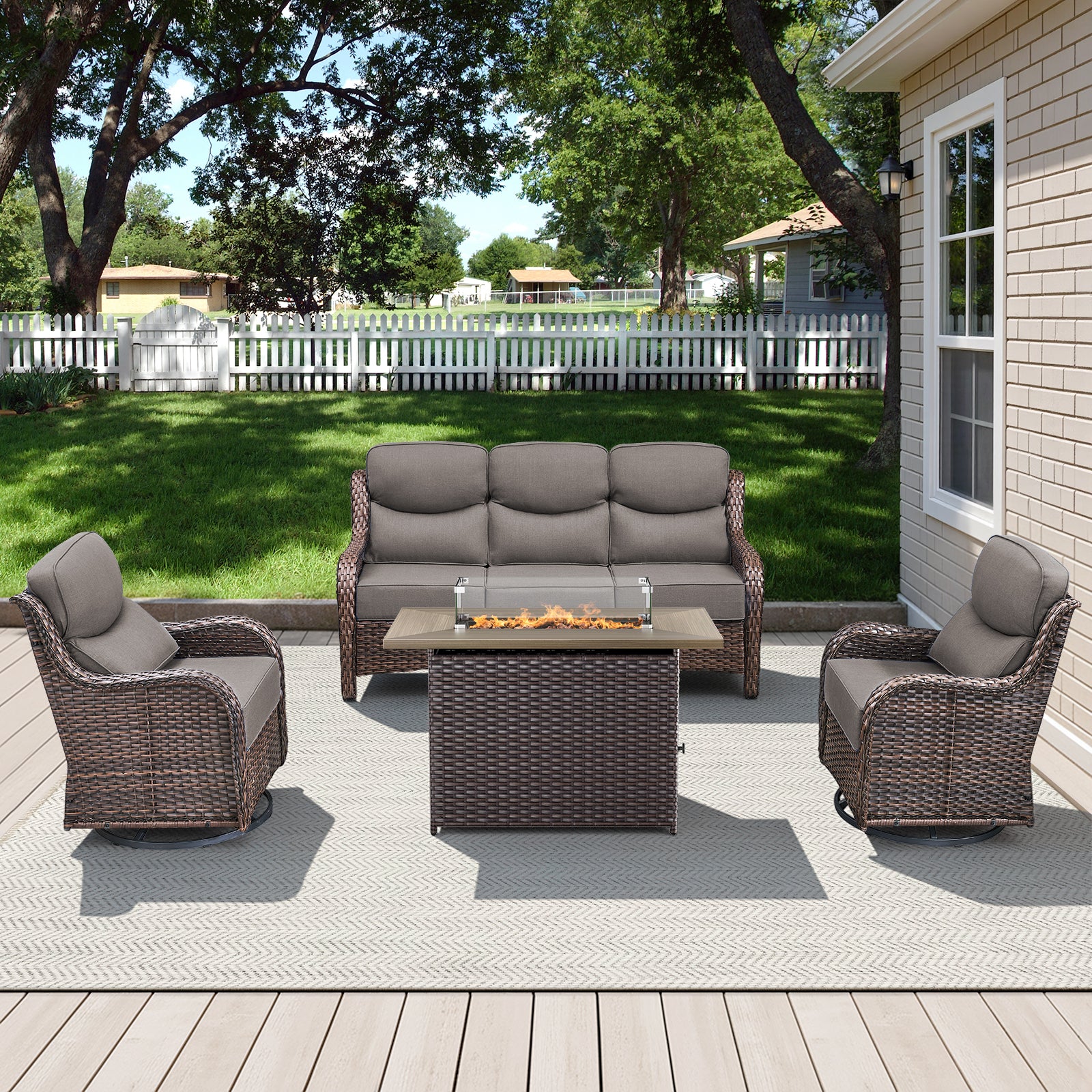 -Piece Patio Fire Pit Set, Sofa & Swivel Chairs, Wind Glass, NT Series - Brown Wicker Grey Cushion