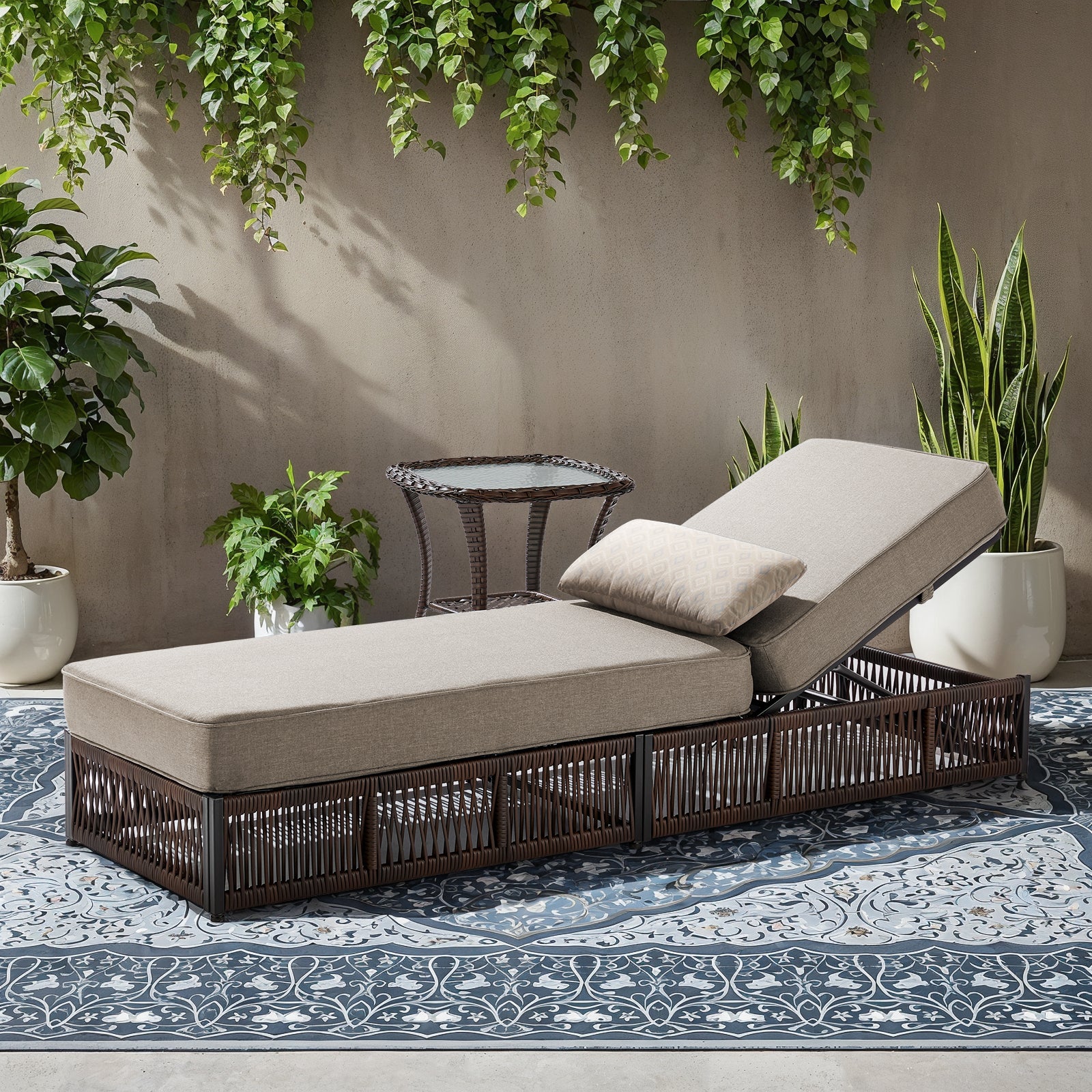 -Piece Wicker Chaise Lounge & Side Table Set, " Cushion, NTC Series - Brown Wicker Beige Cushion