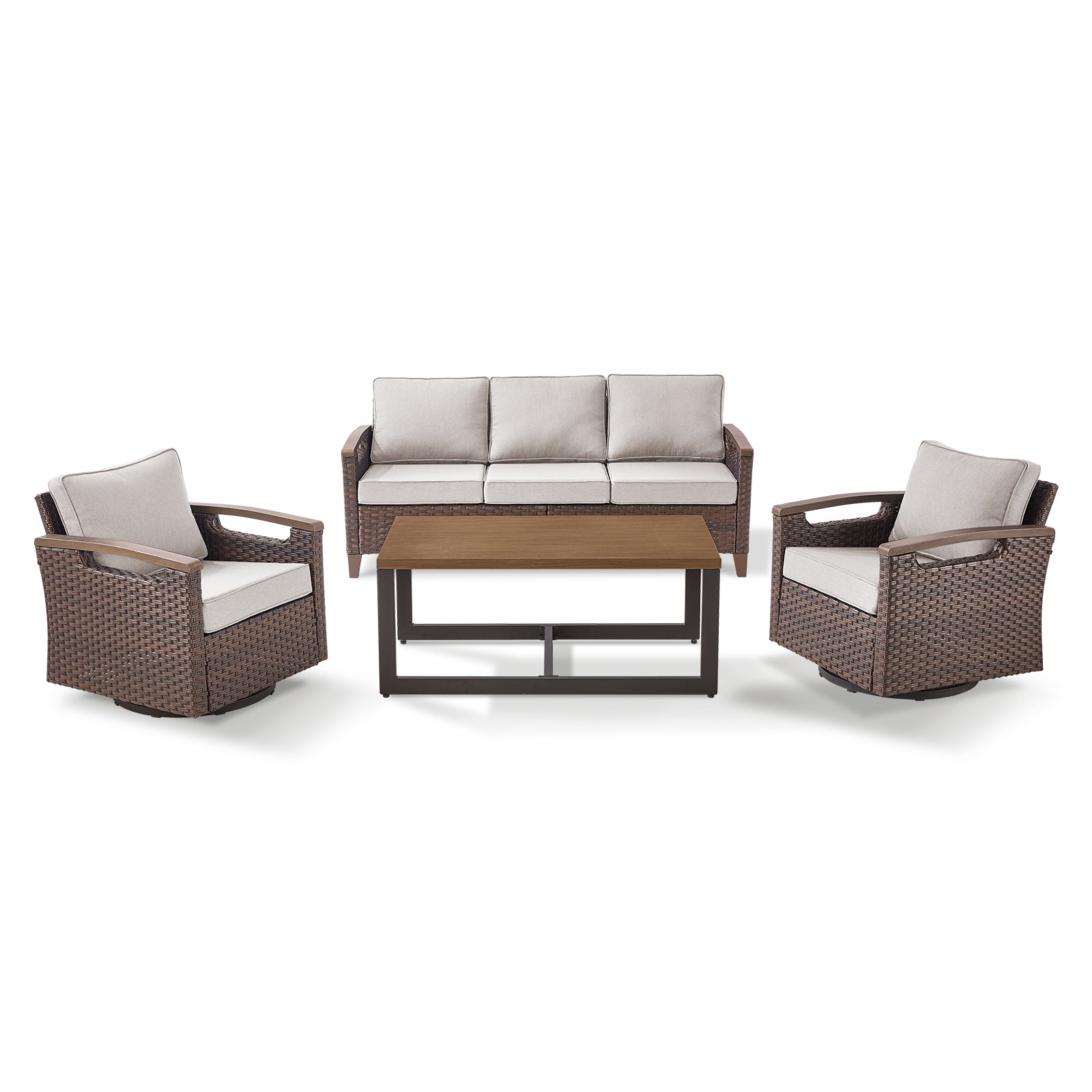 -Piece Patio Sofa Set: Swivel Chairs & Coffee Table, BBR Series - Brown Wicker Beige Cushion