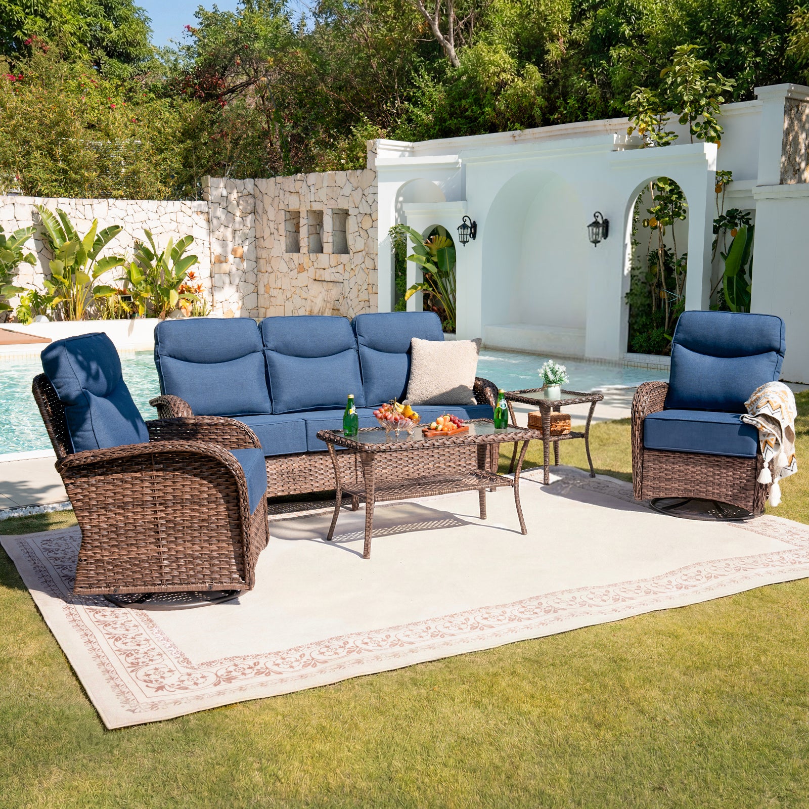 Elegant -Piece Outdoor Conversation Set Sofa & Swivel Rockers with Coffee Table, All-Weather Wicker for Patio - Brown Wicker Blue Cushion