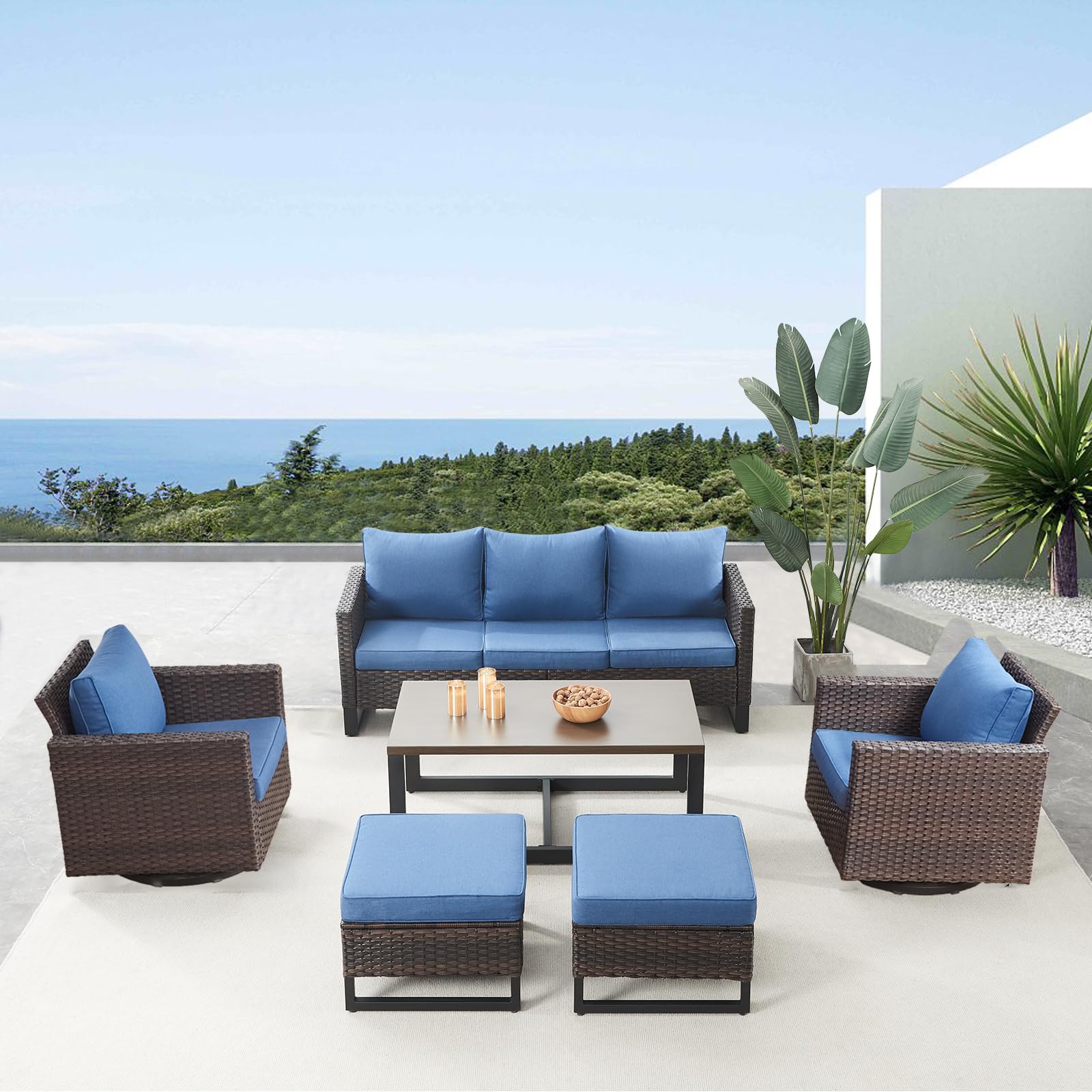 -Piece Wicker Patio Set, Sofa, Swivel Glider Chairs & Table, GRS Series - Brown Wicker Blue Cushion