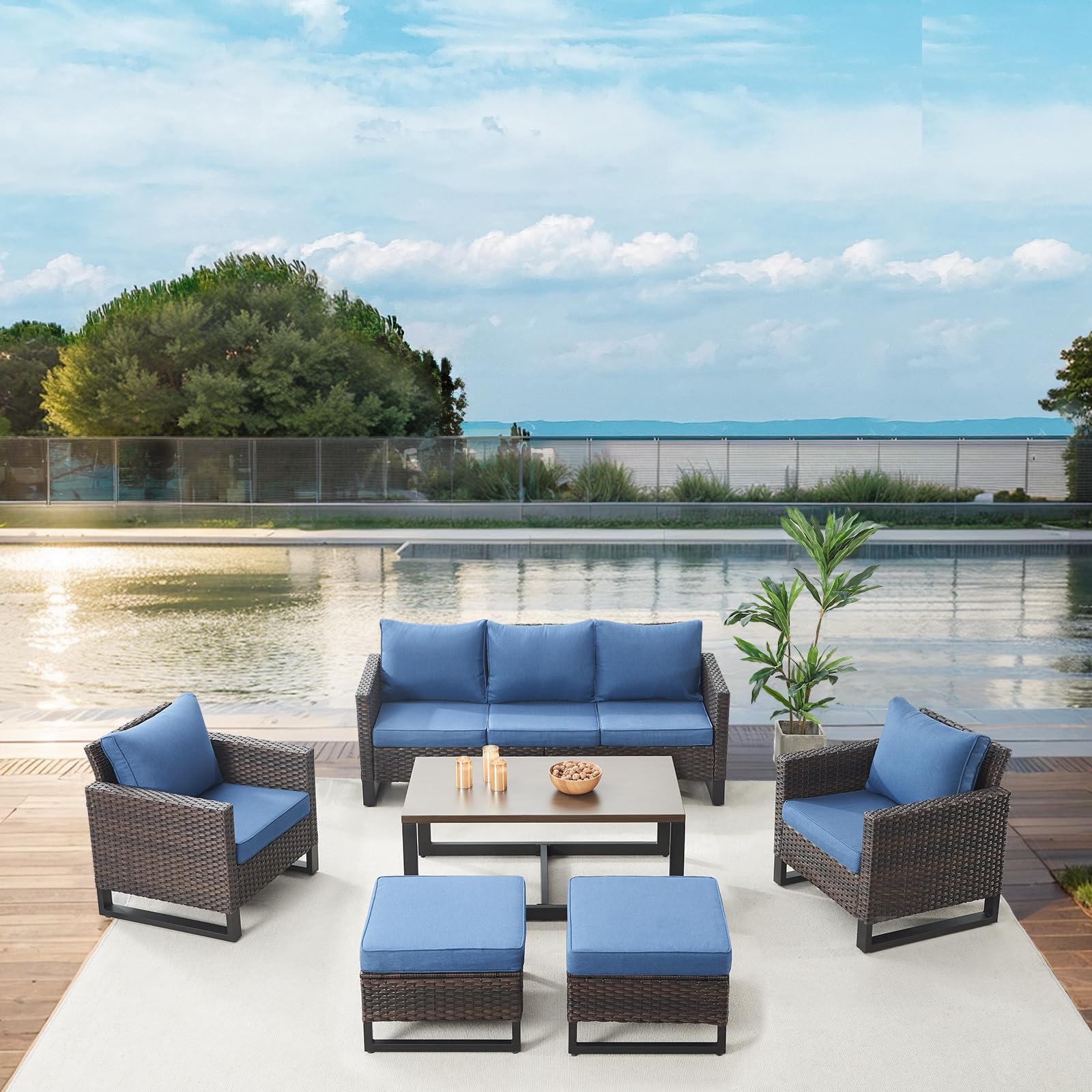 -Piece Wicker Patio Set, Sofa, High-Back Chairs & Table, GRS Series - Brown Wicker Blue Cushion