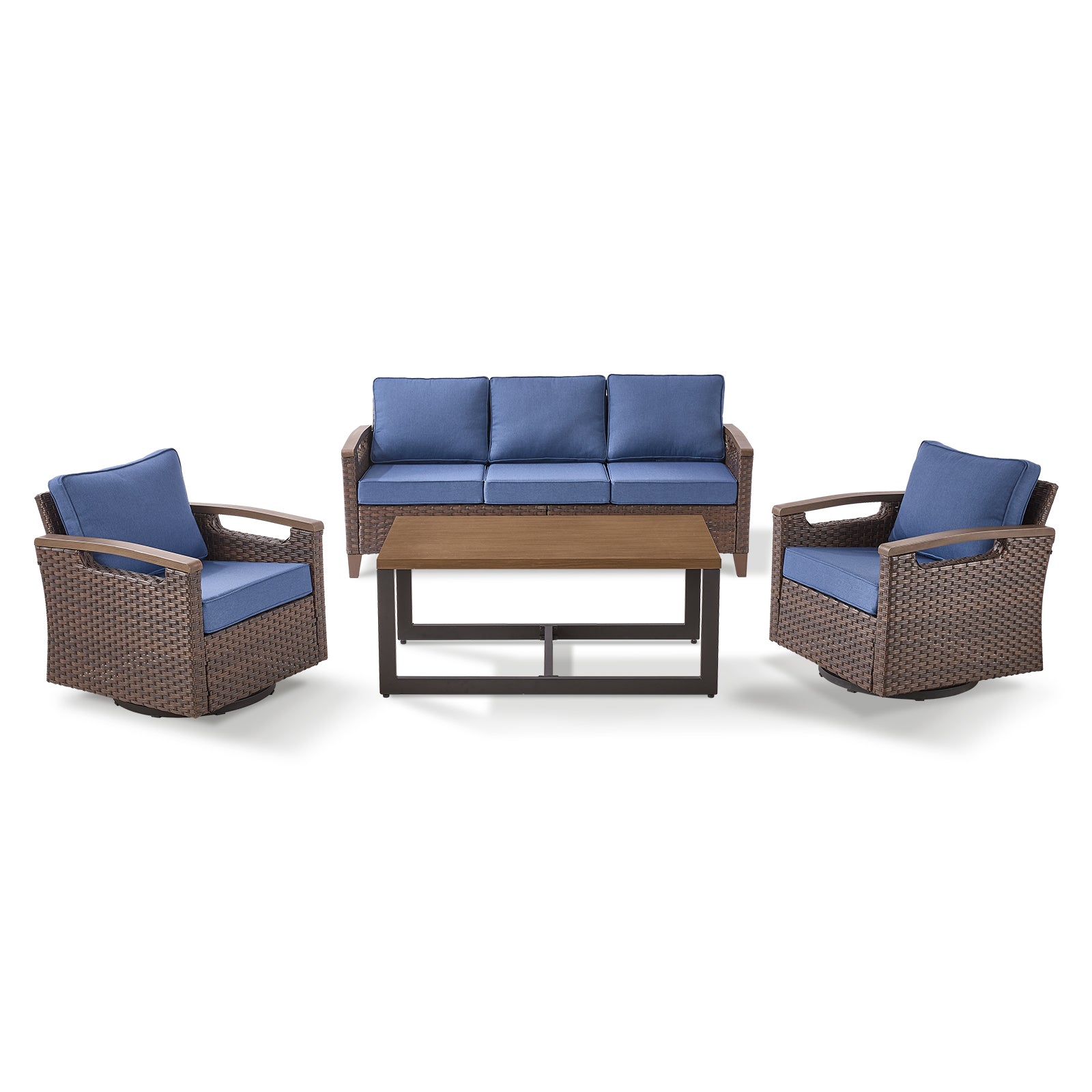 -Piece Patio Sofa Set: Swivel Chairs & Coffee Table, BBR Series - Brown Wicker Blue Cushion