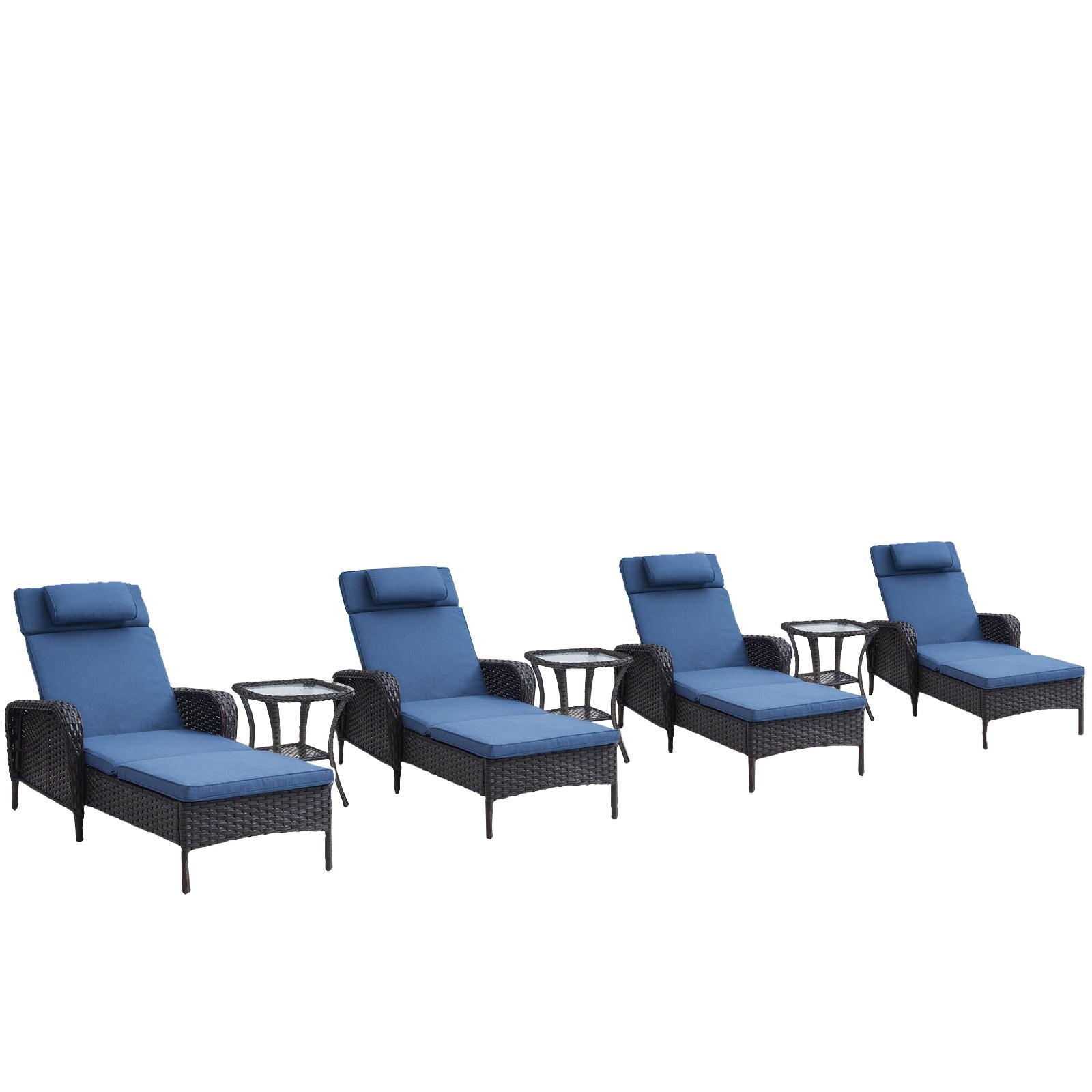 -Piece Wicker Chaise Lounge Set, Lounges & Tables, NTC Series - Brown Wicker Blue Cushion