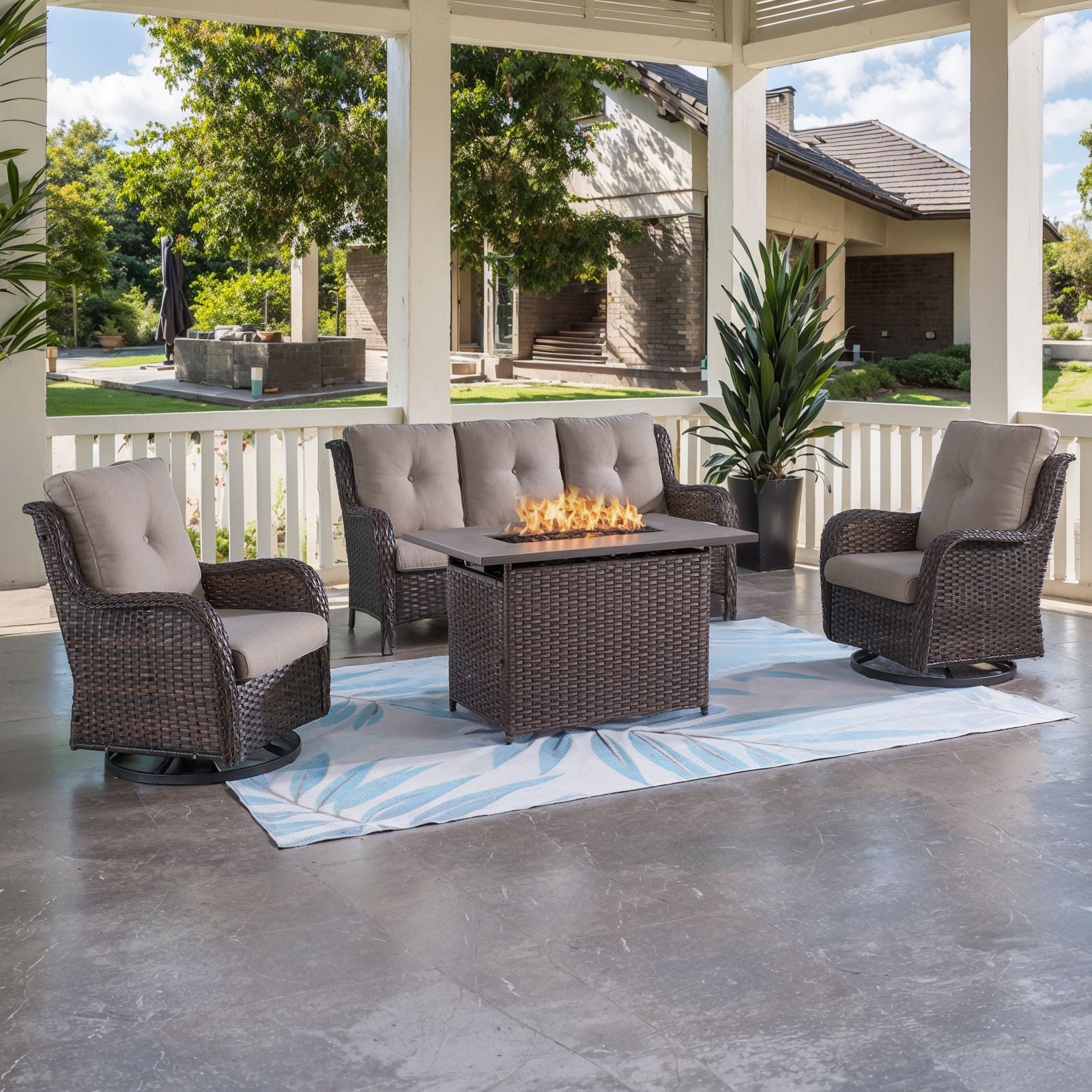 -Piece Wicker Patio Set, Fire Pit Table & Swivel Chair, NTC Series - Brown Wicker Grey Cushion