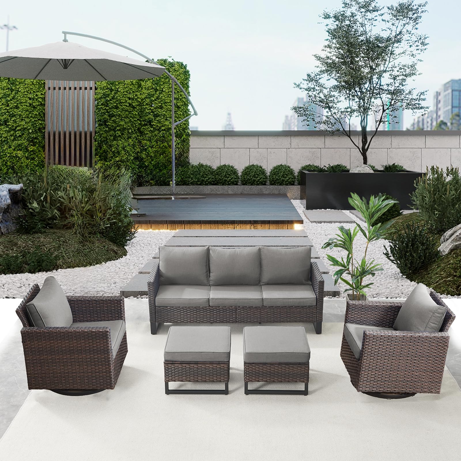 -Piece Wicker Patio Set, Sofa, Swivel Glider Chairs & Ottomans, GRS Series - Brown Wicker Grey Cushion