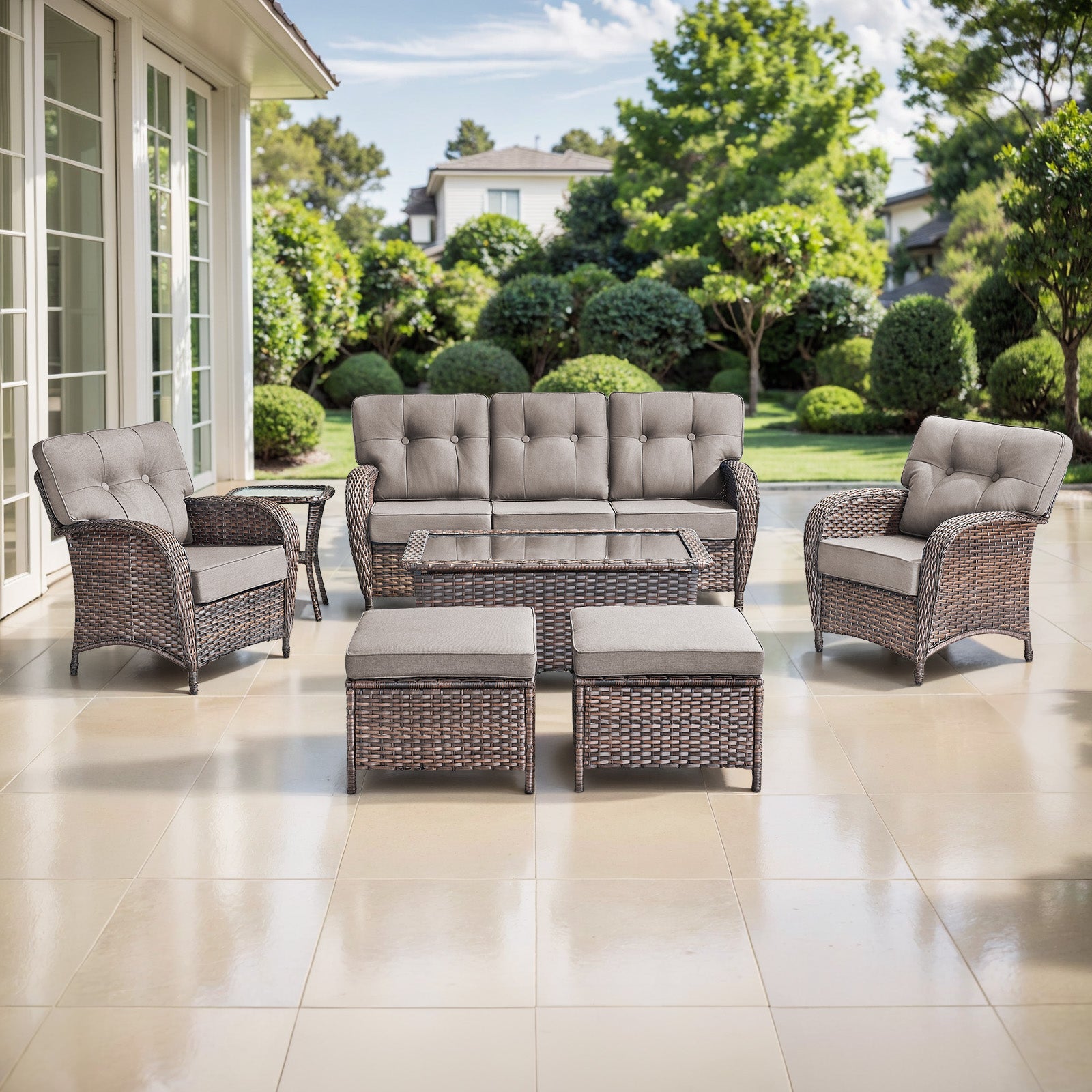 Premium -Piece Patio Set: -Seater Sofa with Back Design + Patio Chairs + Side Table + Coffee Table + Footstools - Brown Wicker Grey Cushion
