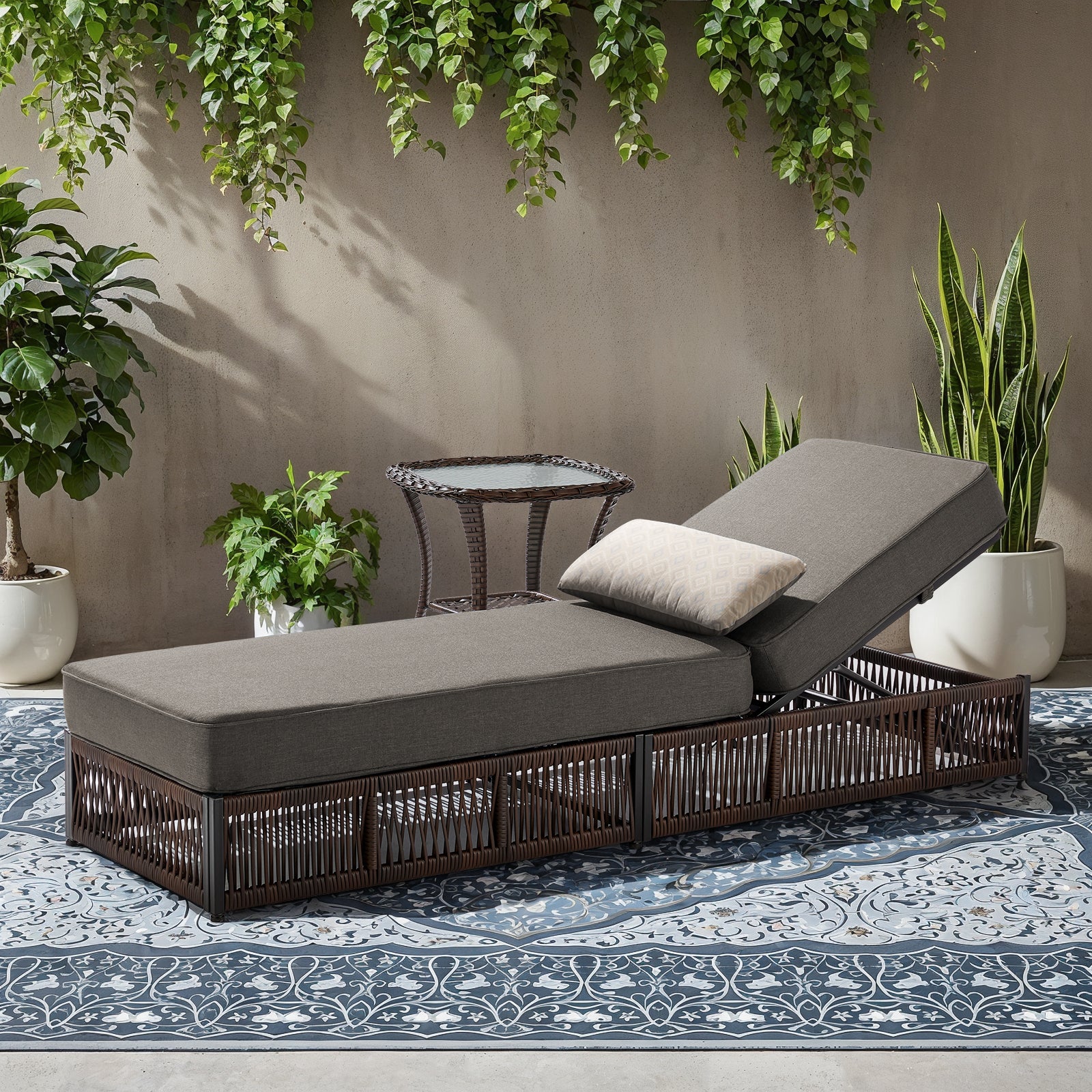 -Piece Wicker Chaise Lounge & Side Table Set, " Cushion, NTC Series - Brown Wicker Grey Cushion