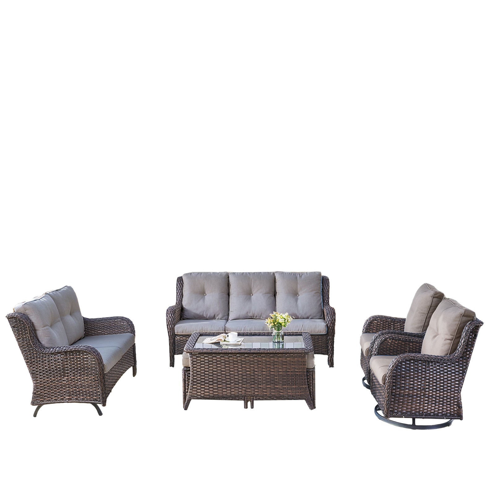 -Piece Wicker Patio Set, Sofa, Glider Loveseat & Swivel Chairs, NTC Series - Brown Wicker Grey Cushion