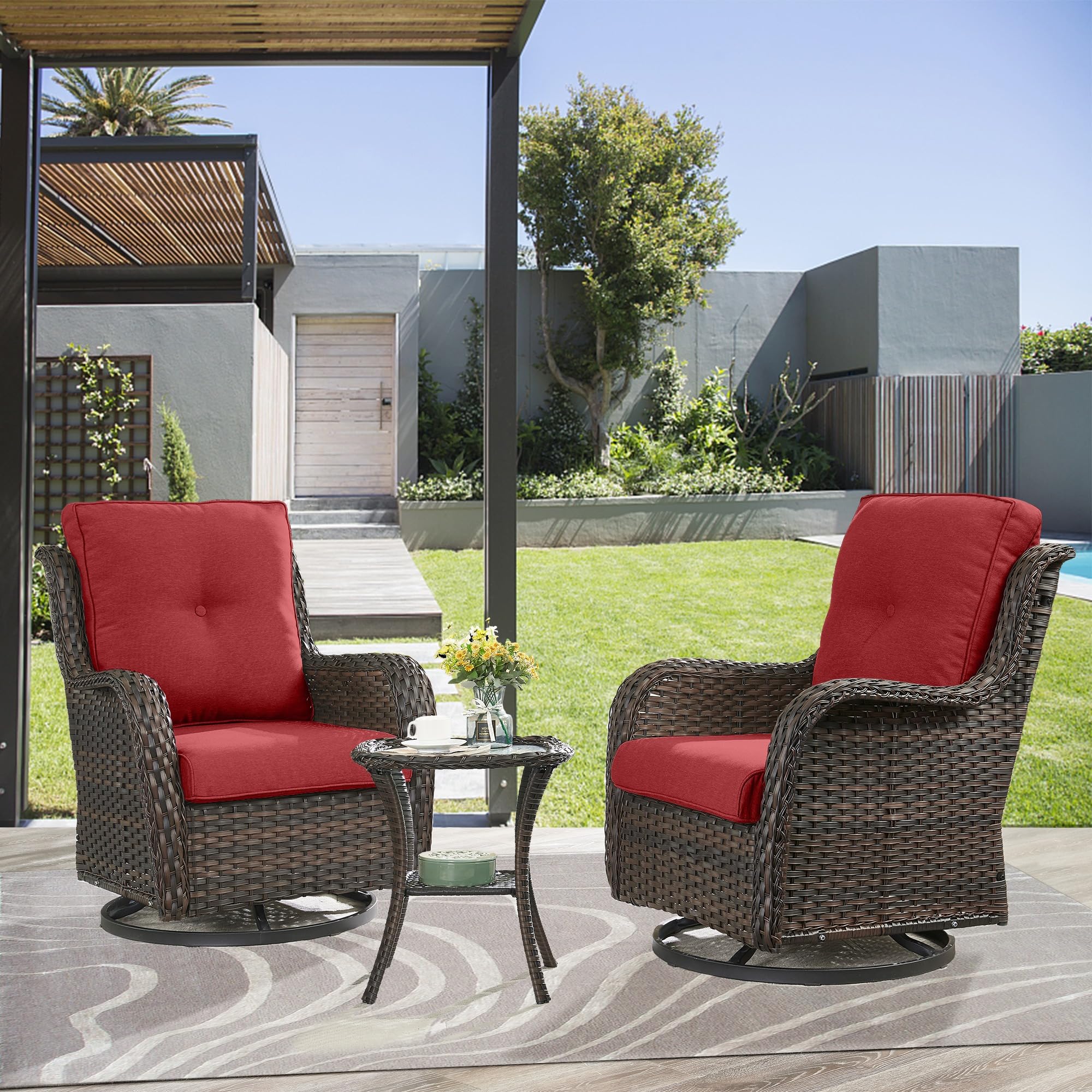 Save % - Swivel Glider Chairs Set with Side Table, NTC Series - Brown Wicker Red Cushion