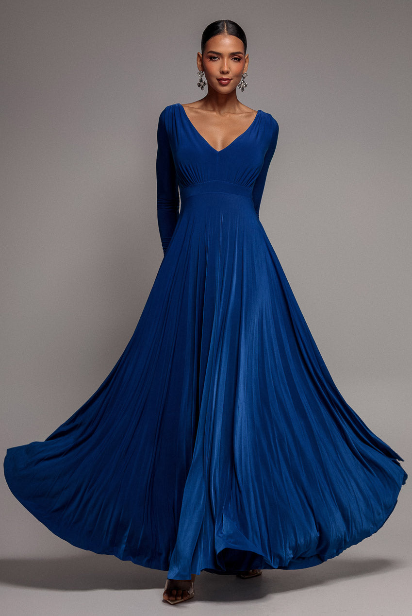 Goddiva Plunge Neck Long Sleeve A Line Maxi Dress