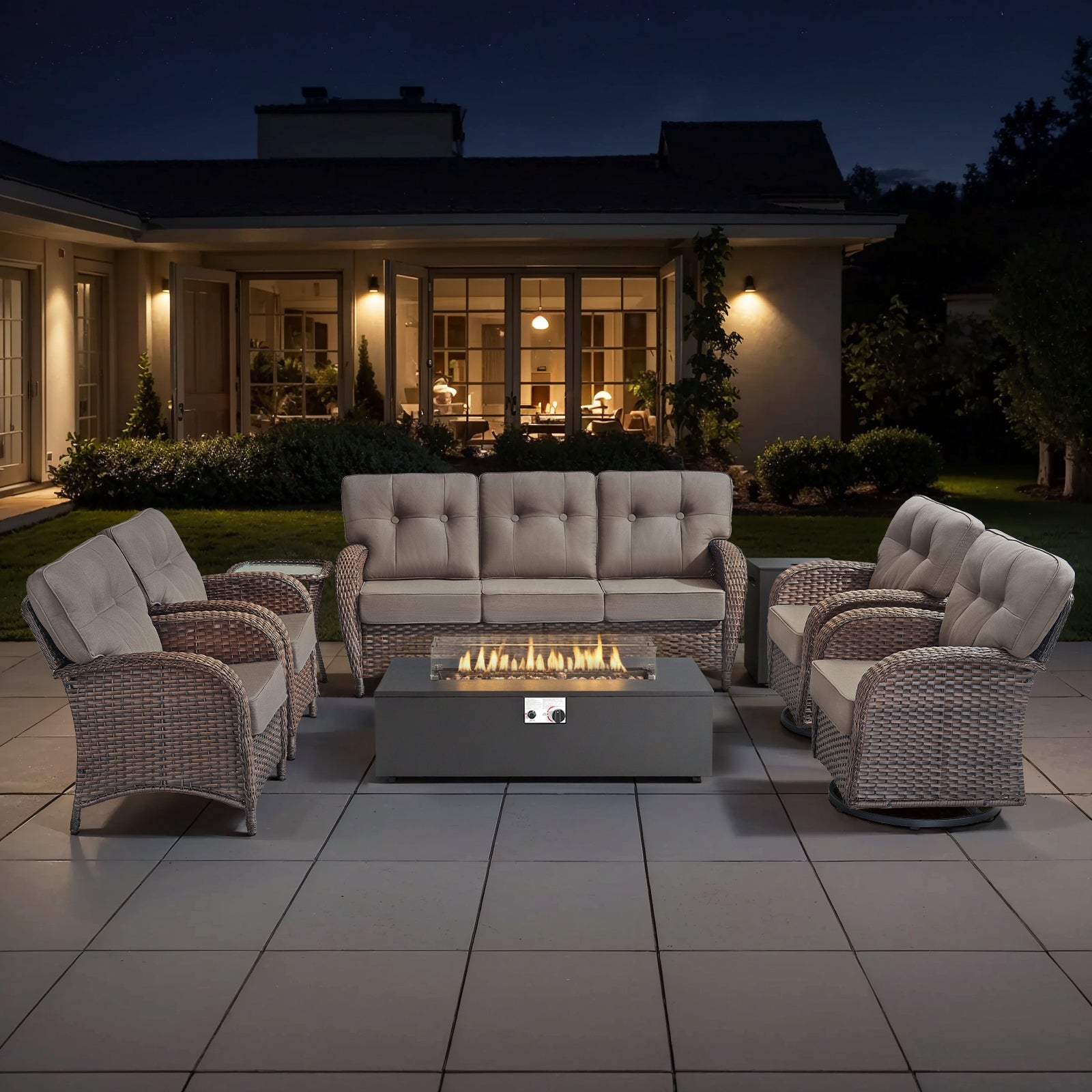 PC Patio Conversation Set with Fire Pit, Swivel Chairs & Sofa, All-Weather Wicker with -Inch Thick Cushions, T Series - Brown Wicker Grey Cushion