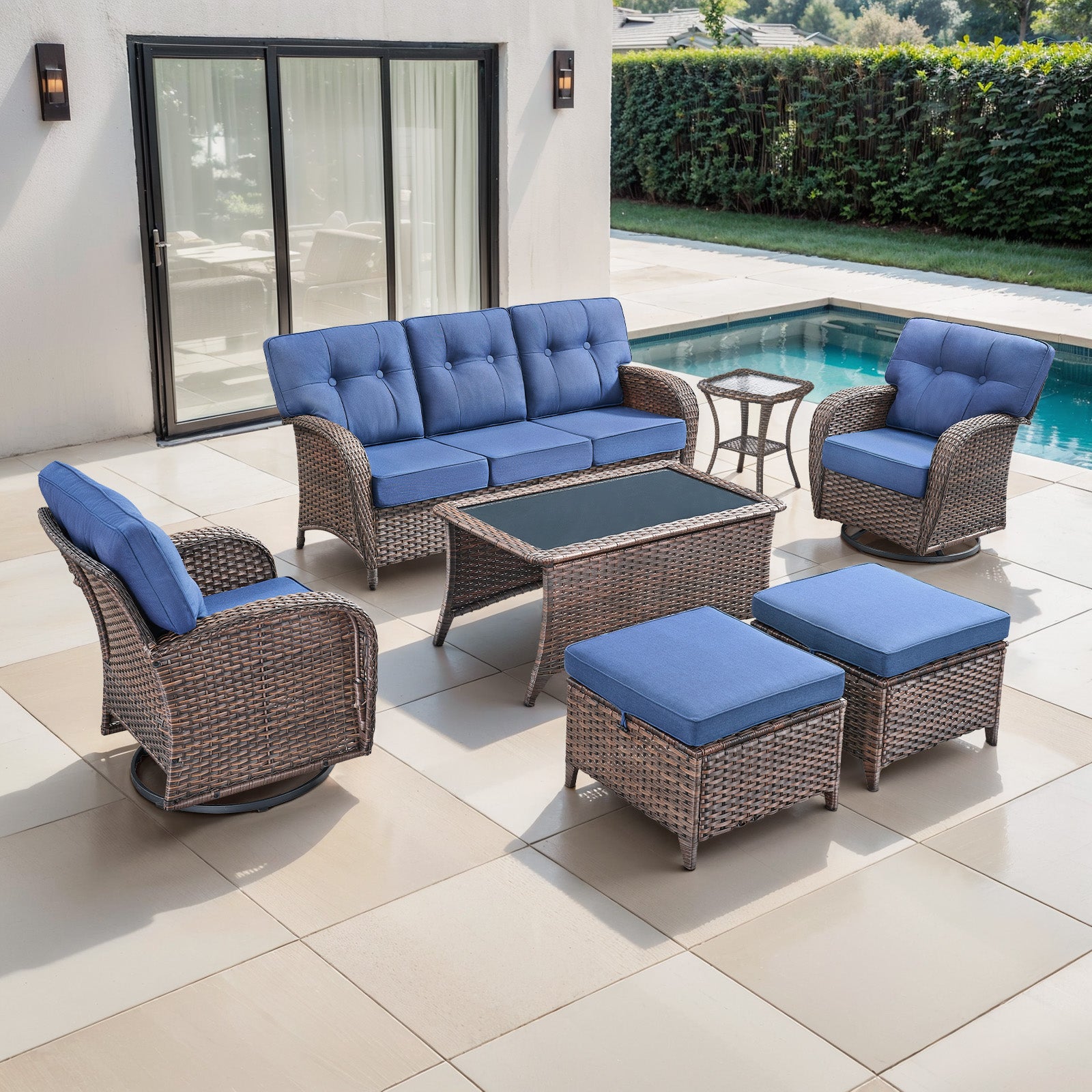 -Piece Patio Furniture Set with Rocking Swivel Chairs, Ottomans & Coffee Table, High-Back Seating with '' Cushions, T - Brown Wicker Blue Cushion