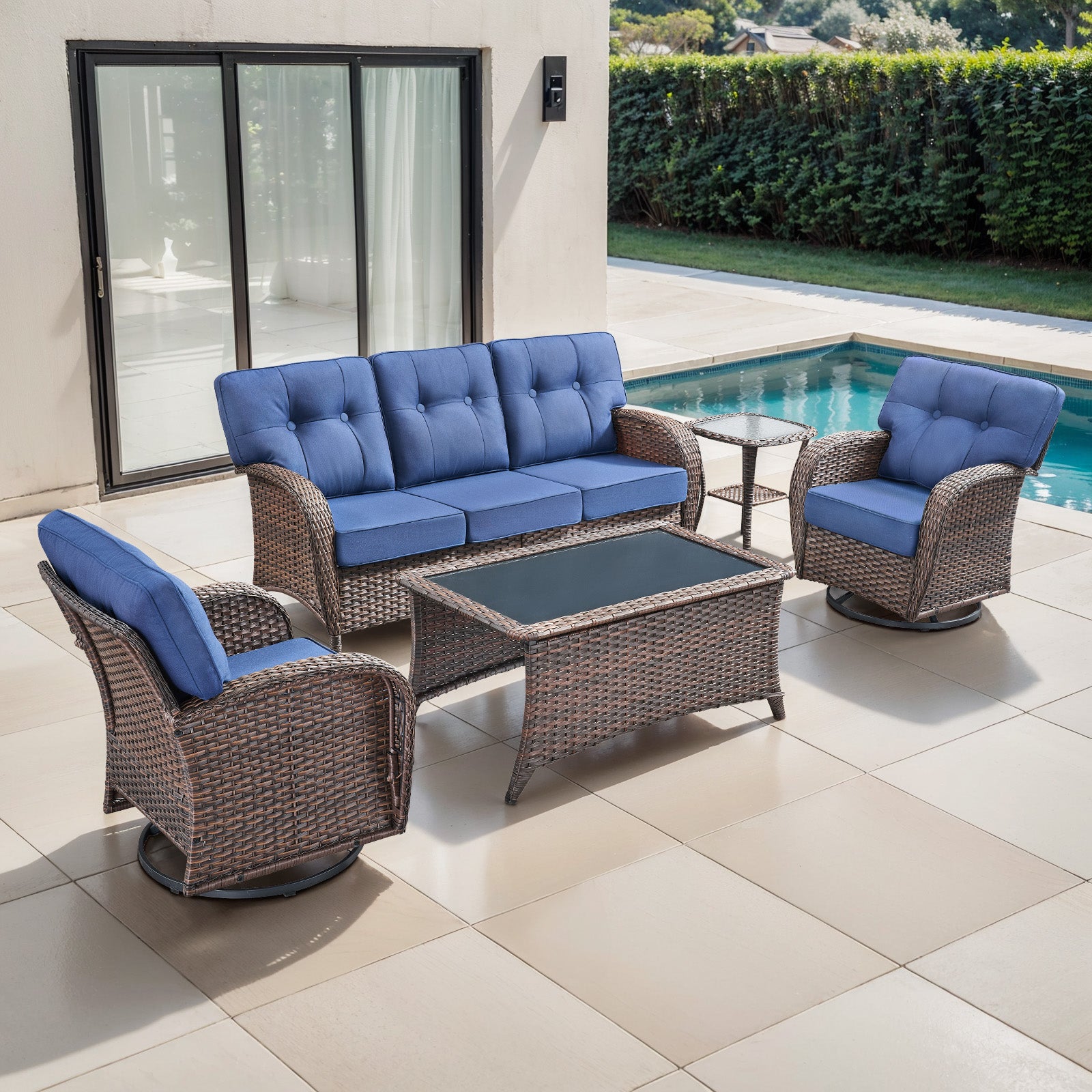 PC Outdoor Conversation Set with Rocking Swivel Chairs, Sofa & Large Coffee Table, Premium Wicker with '' Thick - Brown Wicker Blue Cushion