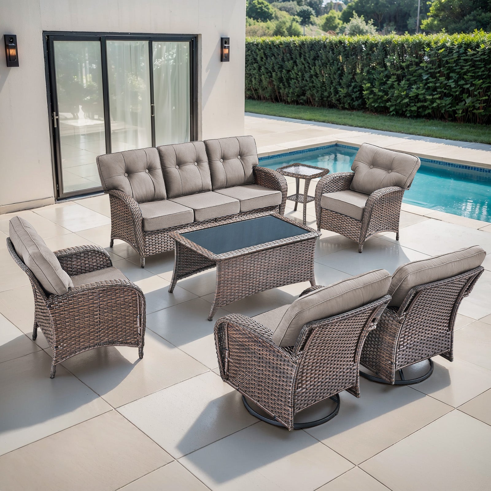 -Piece Premium Patio Furniture Set with Rocking Swivel Chairs, Sofa, Large Coffee Table & '' Thick Cushions, T Series - Brown Wicker Blue Cushion
