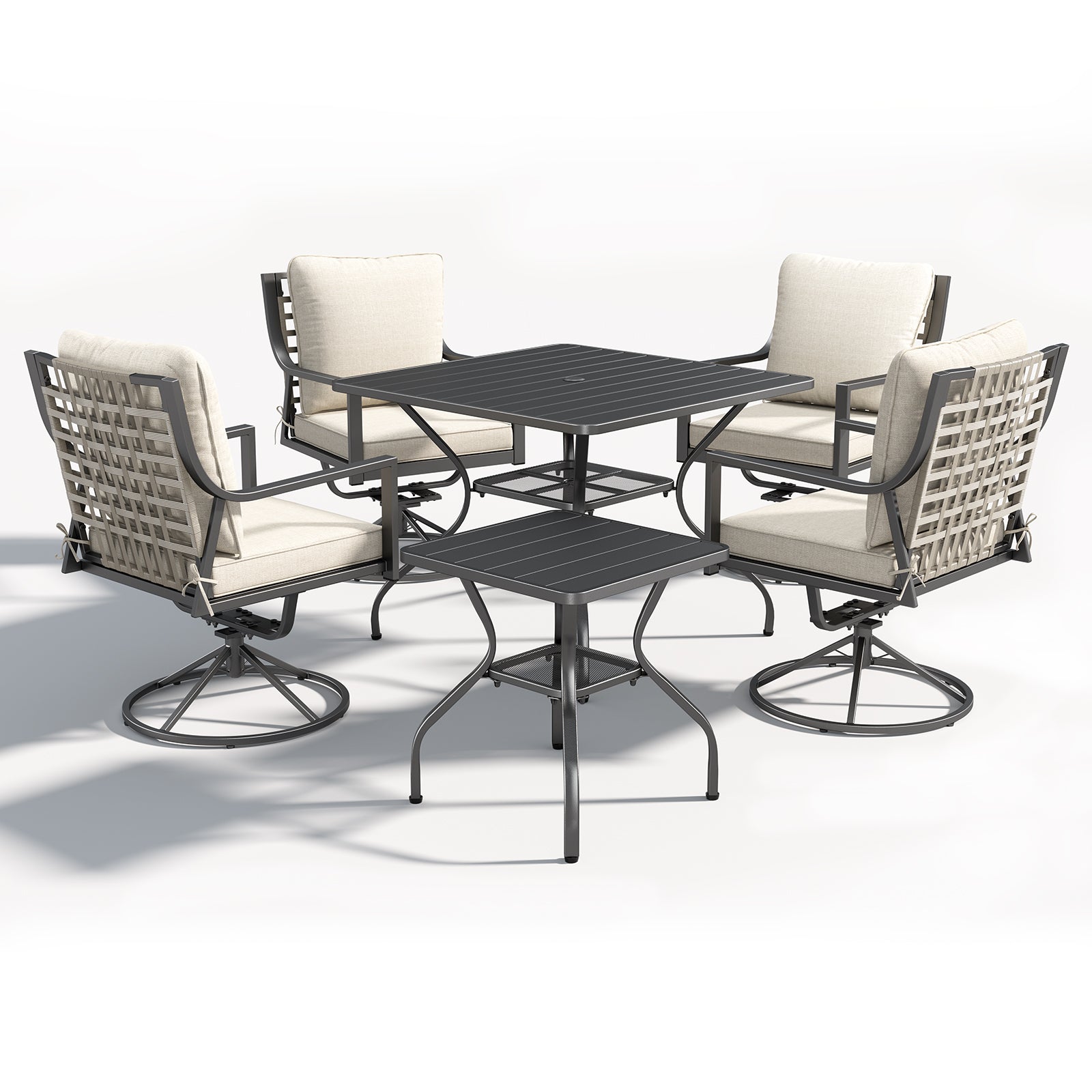 Luxury -Piece Patio Dining Set Includes Swivel Chairs, Square Metal Dining Table & Black Iron Side Table - Gray Wicker Beige Cushion