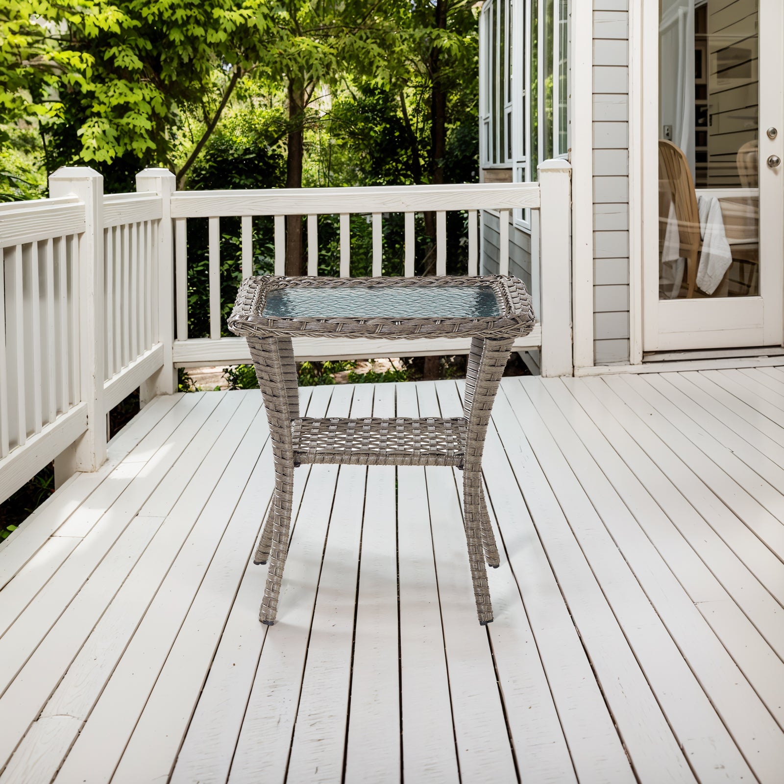 Outdoor -Tier Wicker Bistro Side Table Tempered Glass Top, Lower Storage Shelf, All-Weather PE Rattan, NDS Series