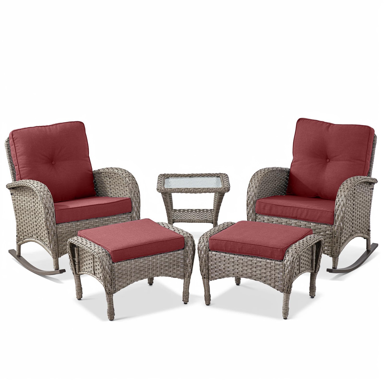 Rocking Chairs Set with Side Table and Ottoman, NDS Series - Gray Wicker Red Cushion