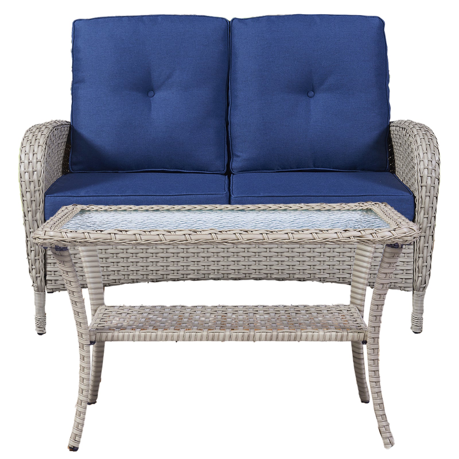 Loveseat Set with Coffee Table, NDS Series - Light Grey Wicker Blue Cushion