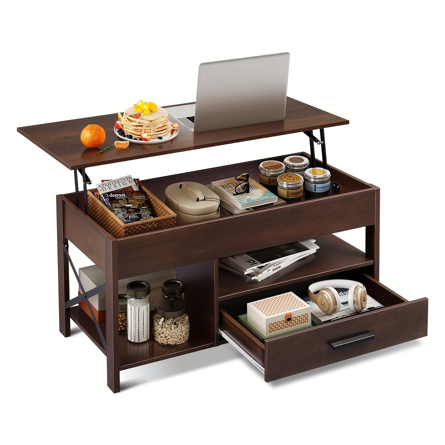 Lift Top Coffee Table wHidden Storage Drawer Shelf Retro Wood Living Room Table
