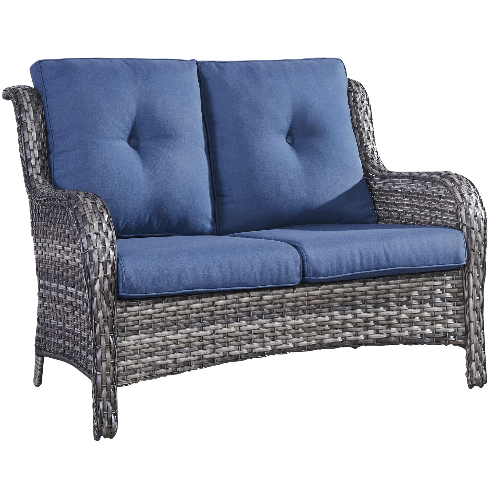 Outdoor Wicker Loveseat Sofa " -Seater, " Cushions NTC Series - Mixed Grey Wicker Blue Cushion
