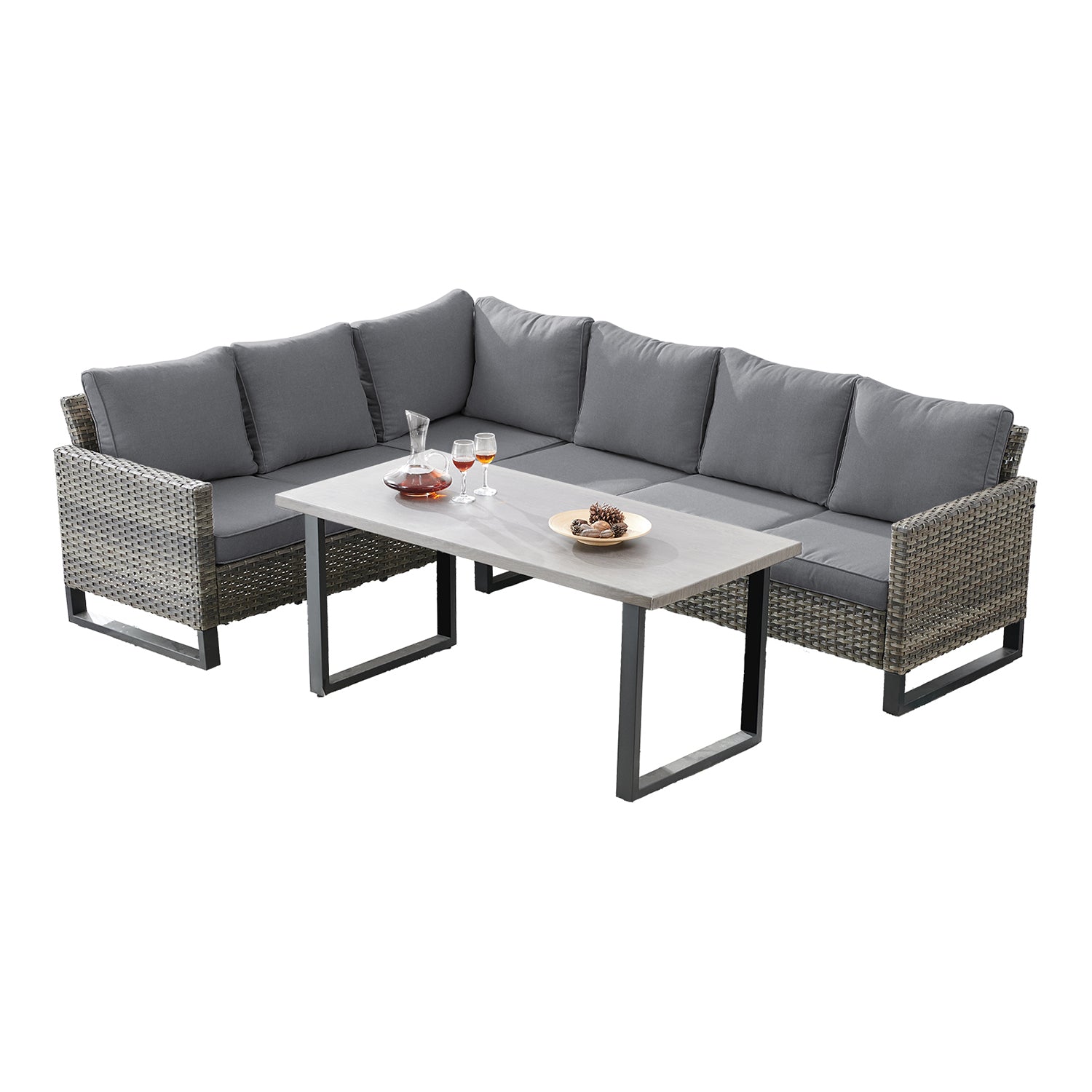 -Piece L-Shaped Wicker Sectional Set with Coffee Table, GRS Series - Mixed Grey Wicker Grey Cushion