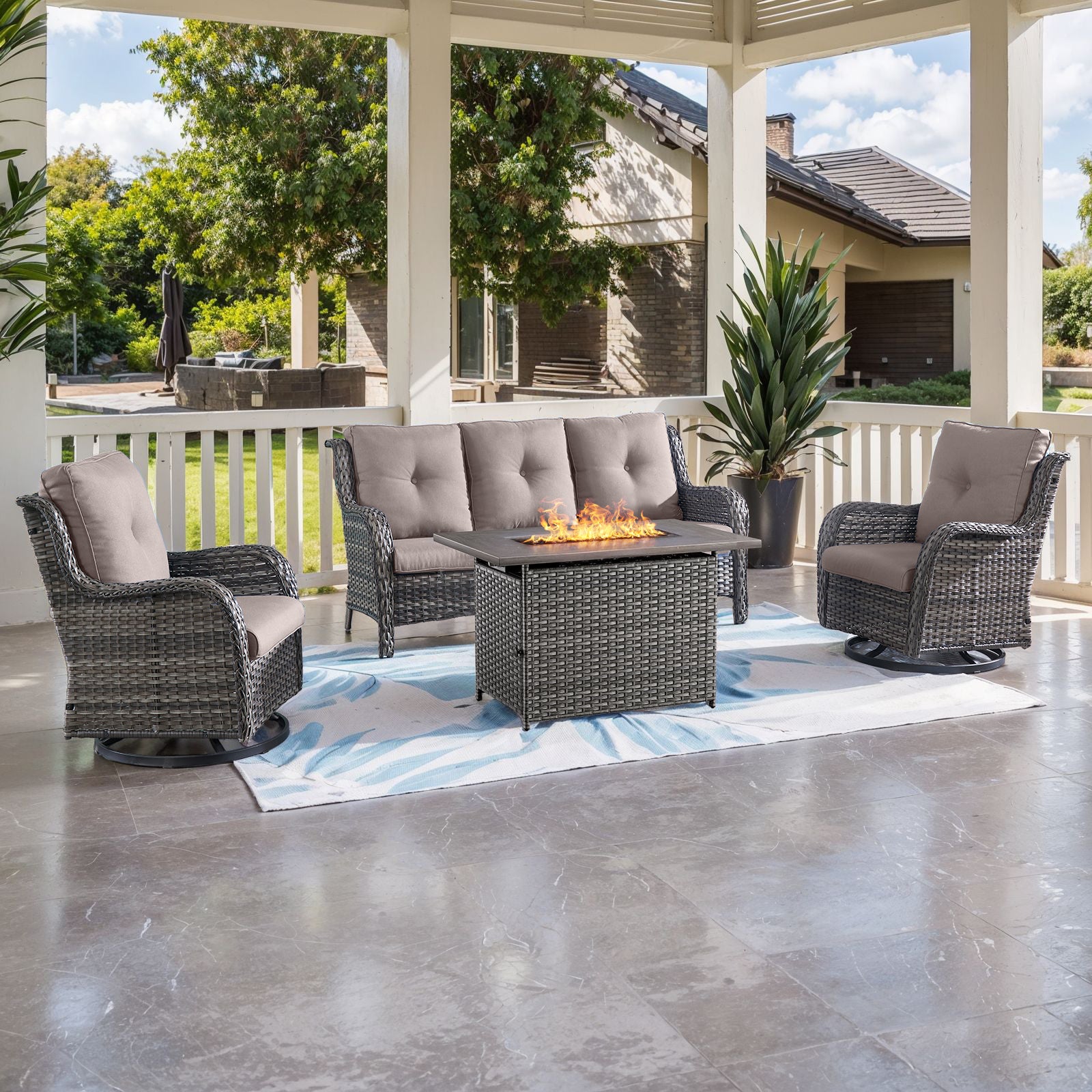 -Piece Wicker Patio Set, Fire Pit Table & Swivel Chair, NTC Series - Mixed Gray Wicker Gray Cushion