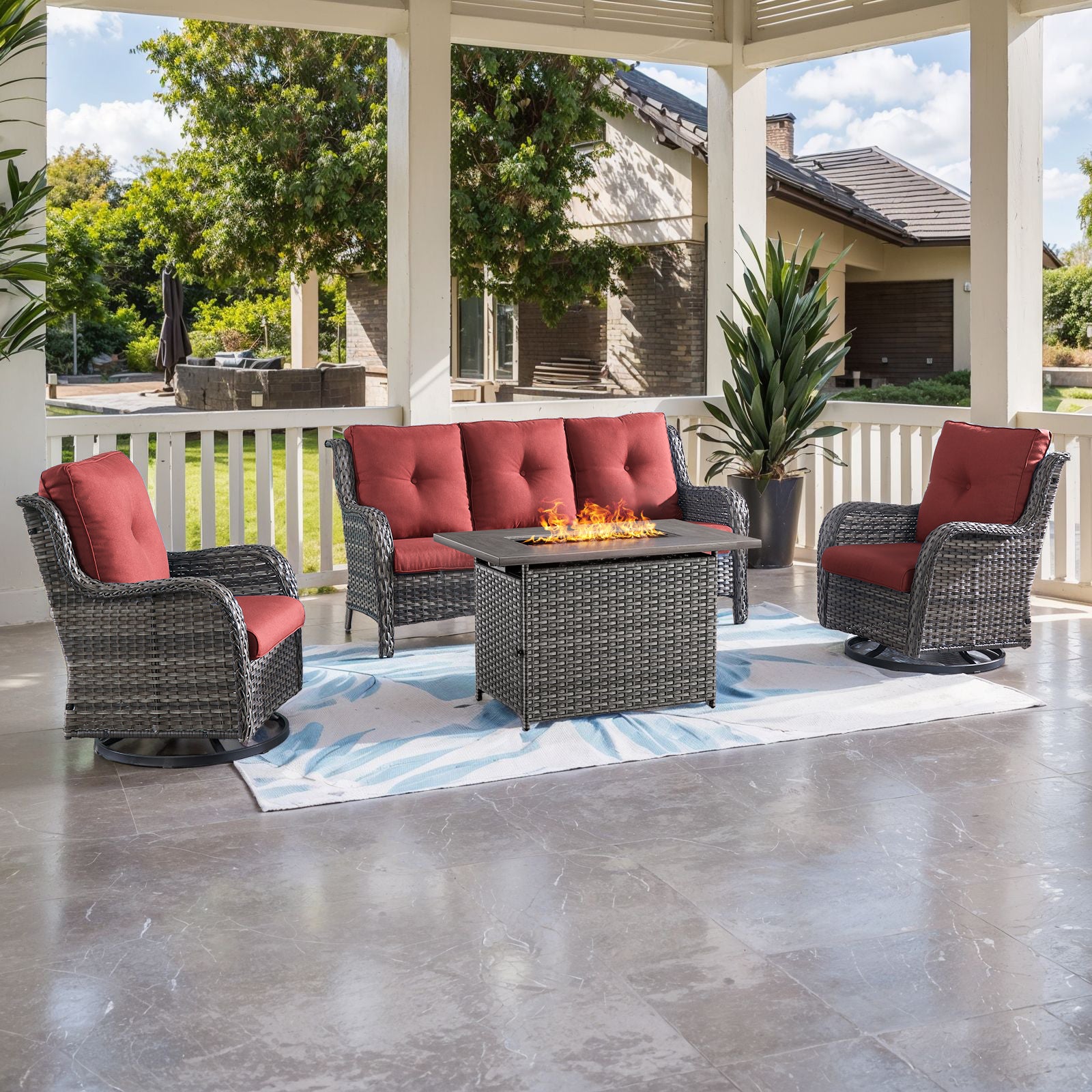 -Piece Wicker Patio Set, Fire Pit Table & Swivel Chair, NTC Series - Mixed Grey Wicker Red Cushion