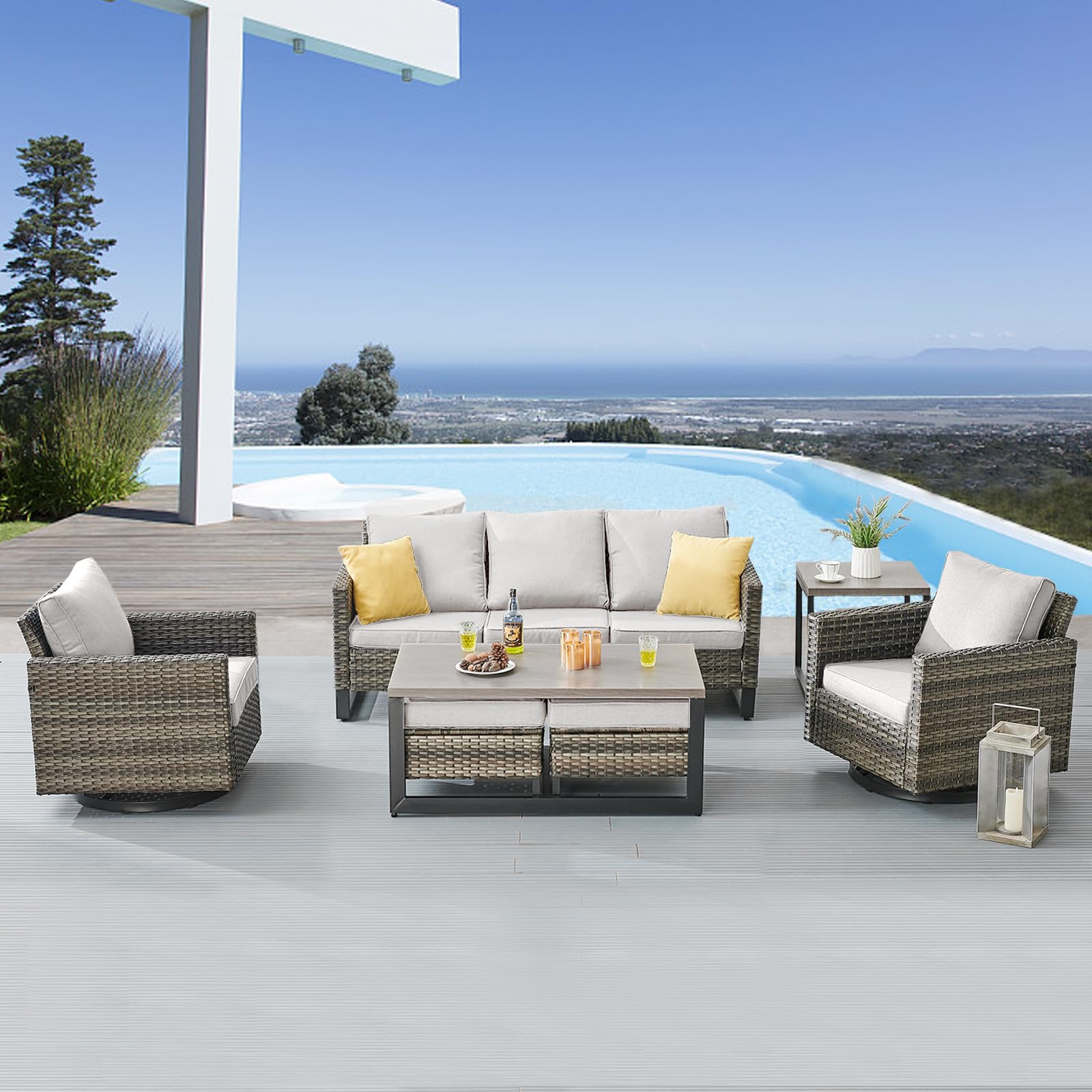 -Piece Wicker Patio Set, Sofa, Swivel Glider Chairs & Ottomans, GRS Series - Mixed Grey Wicker Beige Cushion
