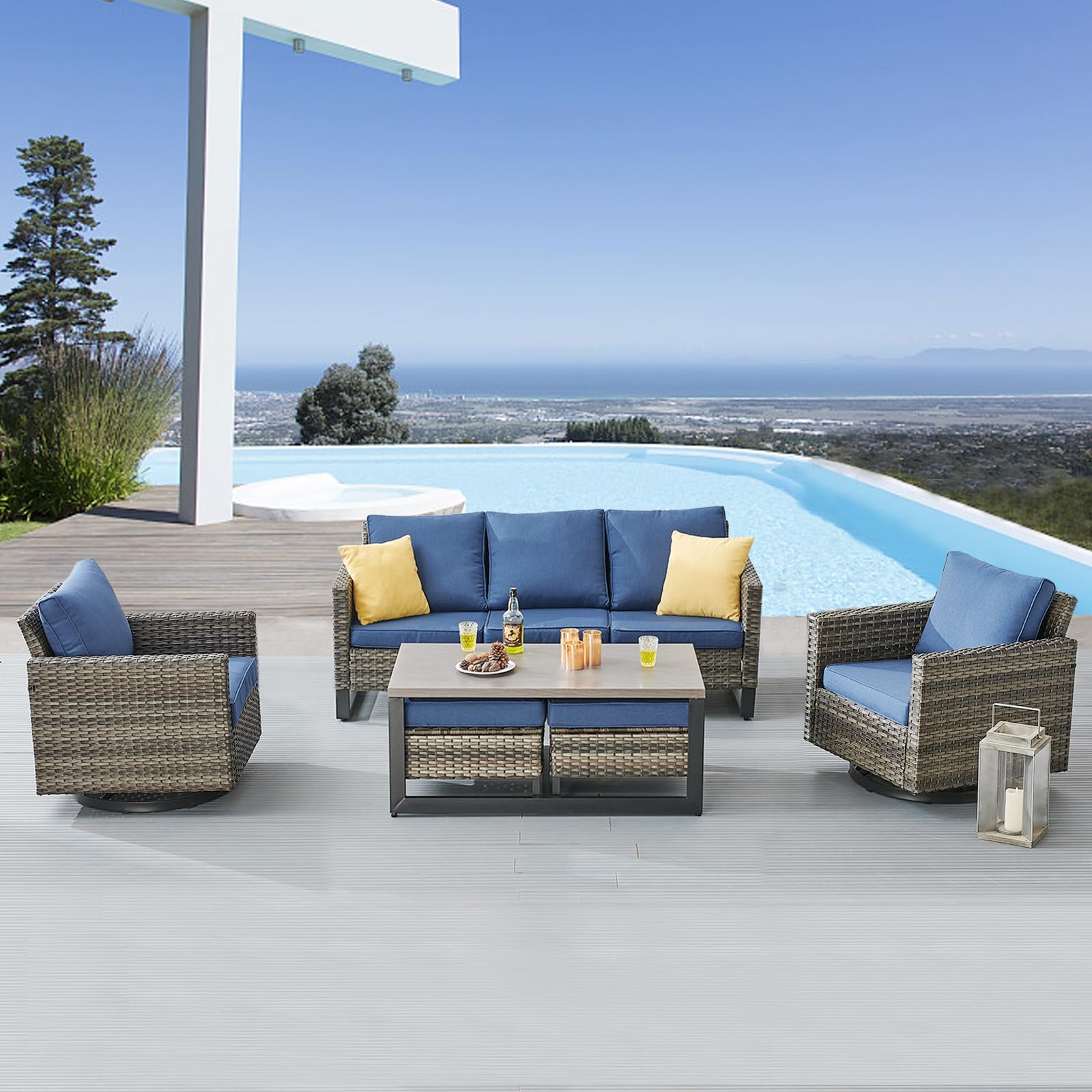 -Piece Wicker Patio Set, Sofa, Swivel Glider Chairs & Table, GRS Series - Mixed Grey Wicker Blue Cushion