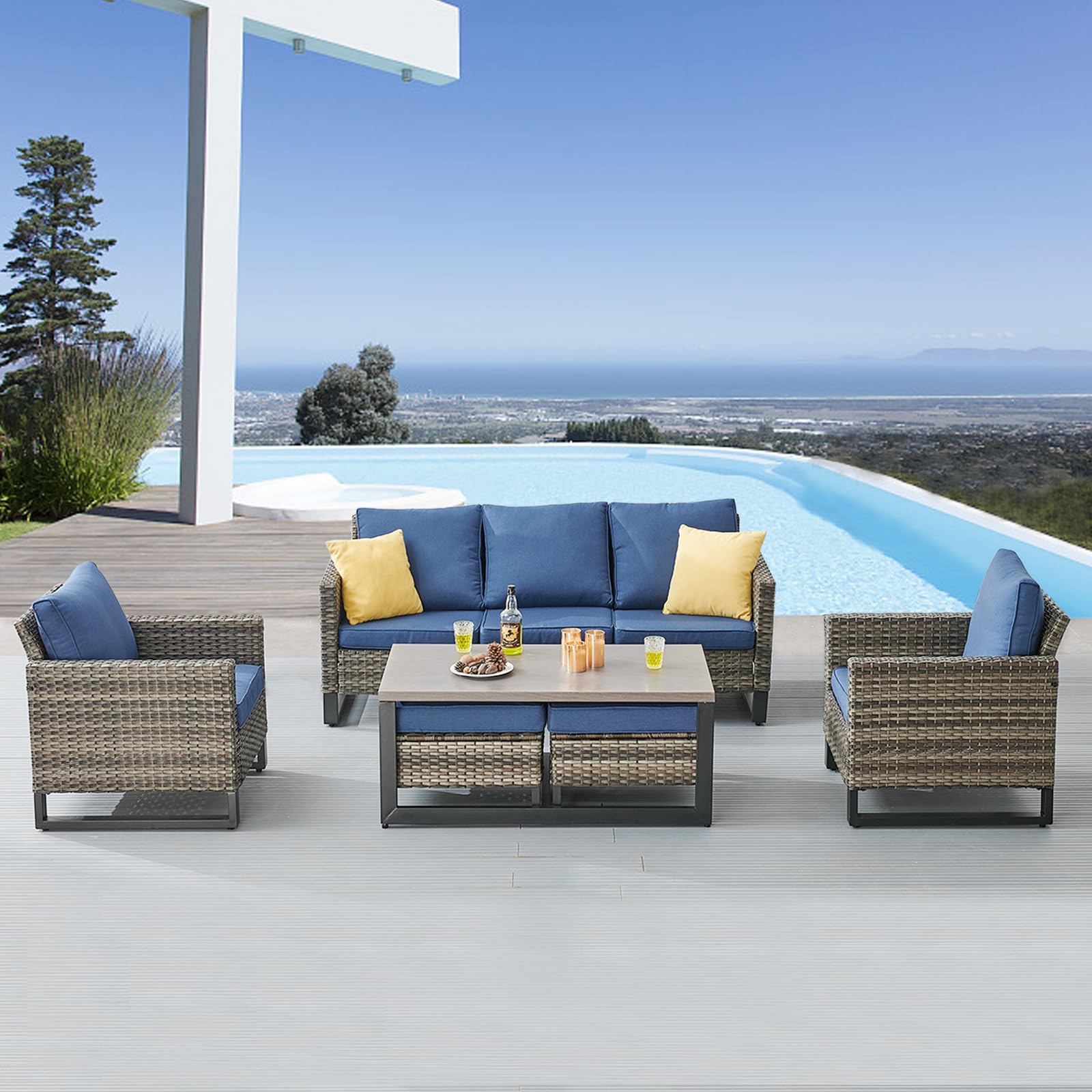 -Piece Wicker Patio Set, Sofa, High-Back Chairs & Table, GRS Series - Mixed Grey Wicker Blue Cushion